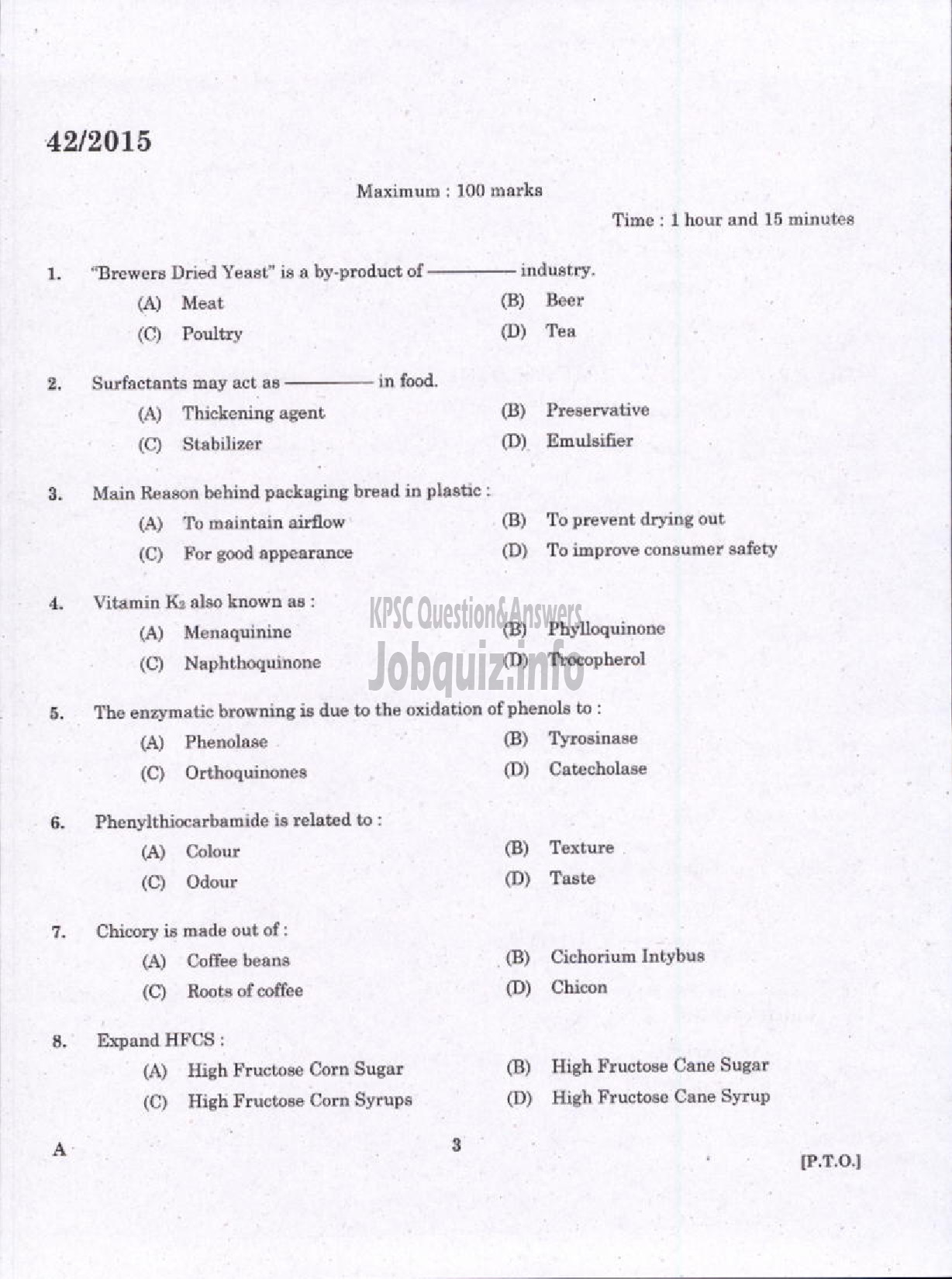 Kerala PSC Question Paper - JUNIOR INSTRUCTOR FOOD PROCESSING SECTOR INDUSTRIAL TRAINING DEPT-1