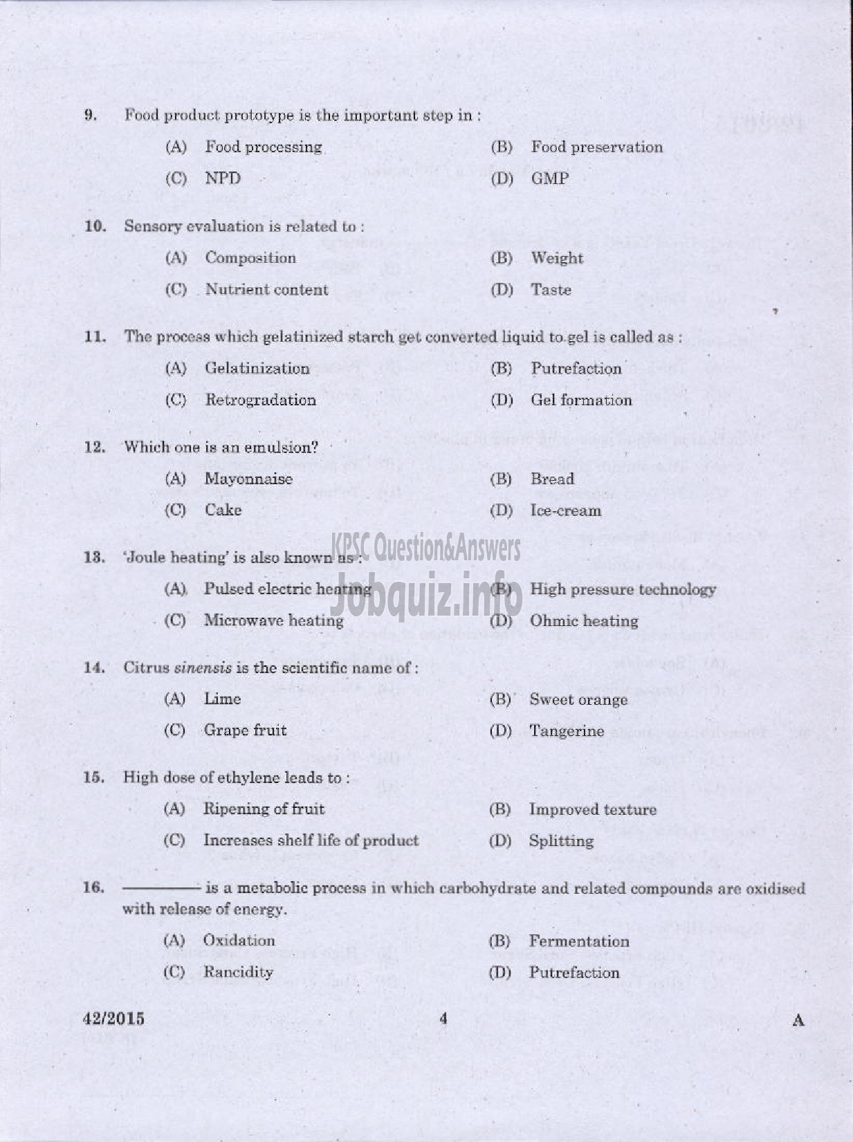 Kerala PSC Question Paper - JUNIOR INSTRUCTOR FOOD PROCESSING SECTOR INDUSTRIAL TRAINING DEPT-2