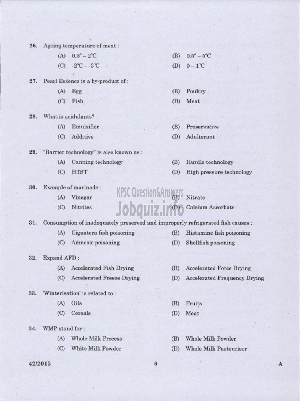 Kerala PSC Question Paper - JUNIOR INSTRUCTOR FOOD PROCESSING SECTOR INDUSTRIAL TRAINING DEPT-4