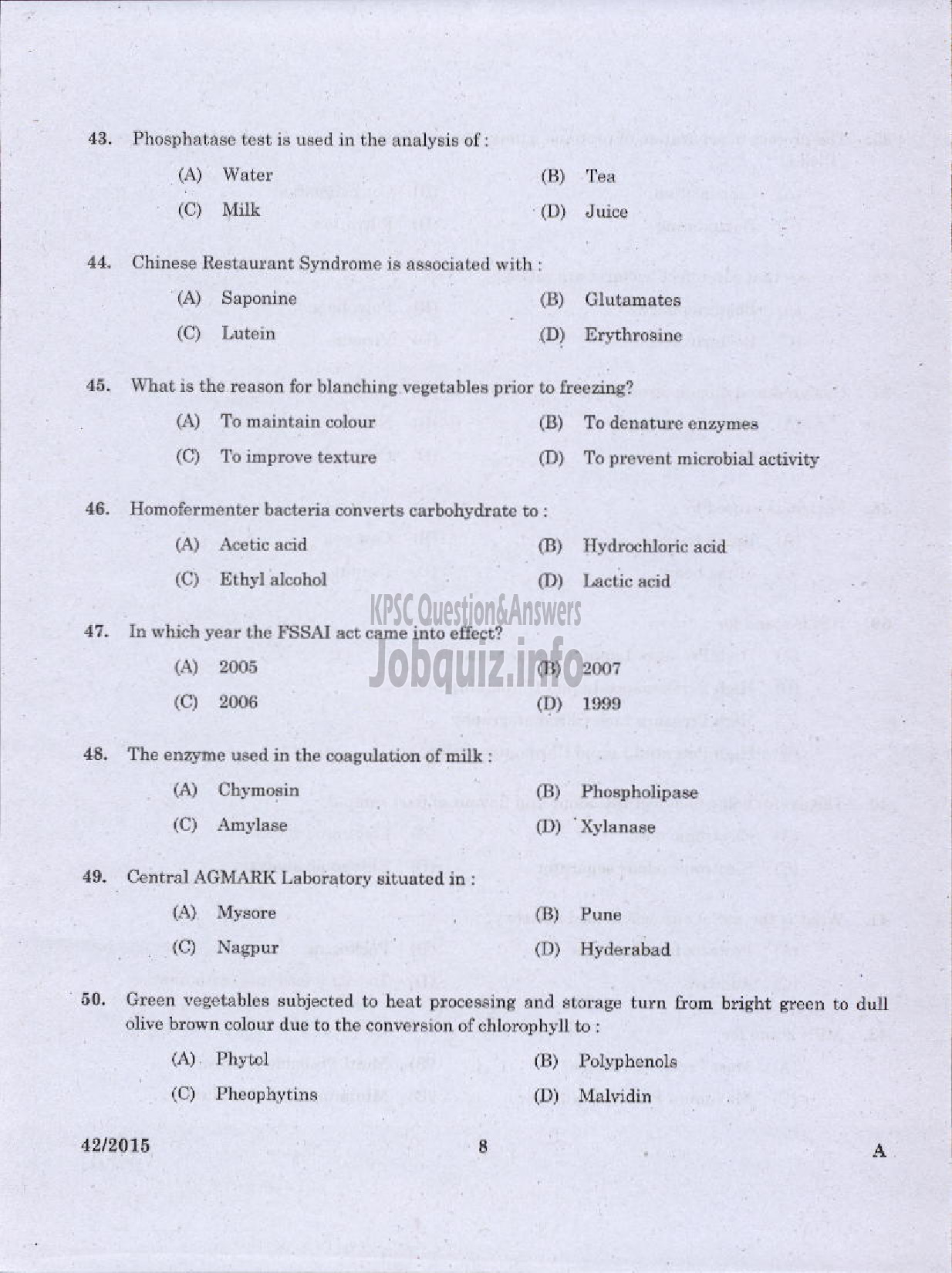 Kerala PSC Question Paper - JUNIOR INSTRUCTOR FOOD PROCESSING SECTOR INDUSTRIAL TRAINING DEPT-6