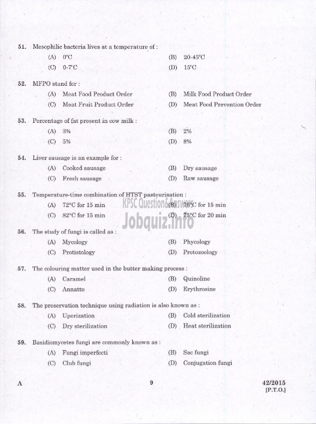 Kerala PSC Question Paper - JUNIOR INSTRUCTOR FOOD PROCESSING SECTOR INDUSTRIAL TRAINING DEPT-7