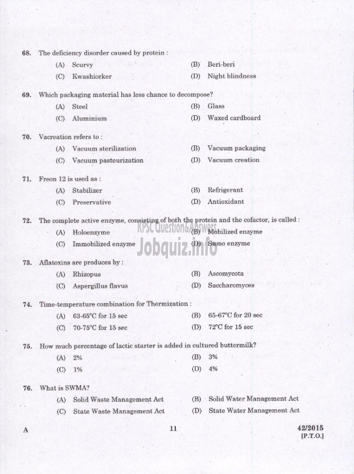 Kerala PSC Question Paper - JUNIOR INSTRUCTOR FOOD PROCESSING SECTOR INDUSTRIAL TRAINING DEPT-9