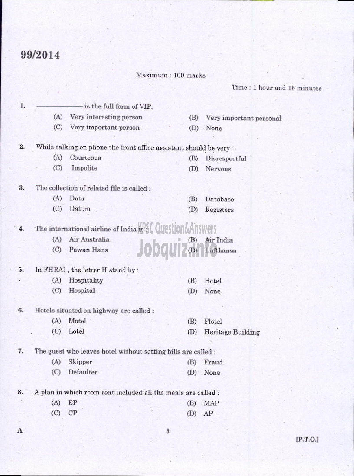 Kerala PSC Question Paper - JUNIOR INSTRUCTOR FRONT OFFICE ASSISTANT INDUSTRIAL TRAINING-1