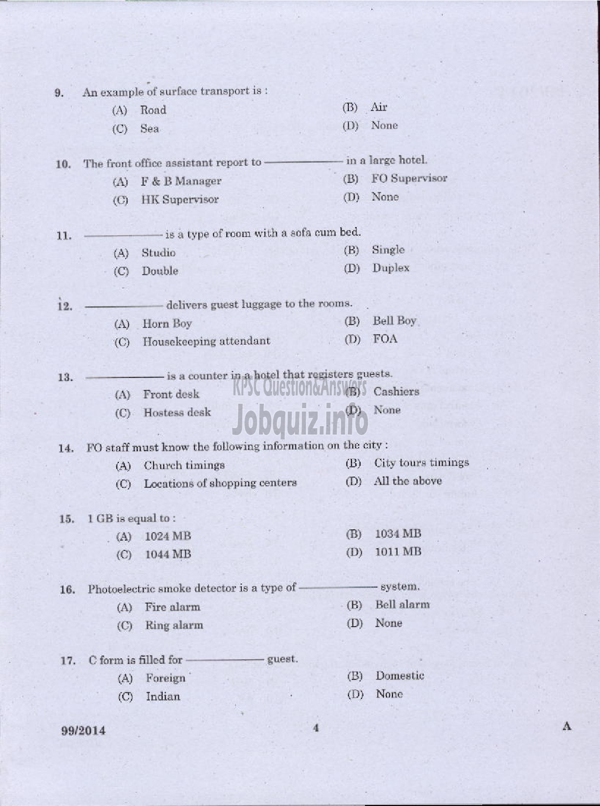 Kerala PSC Question Paper - JUNIOR INSTRUCTOR FRONT OFFICE ASSISTANT INDUSTRIAL TRAINING-2