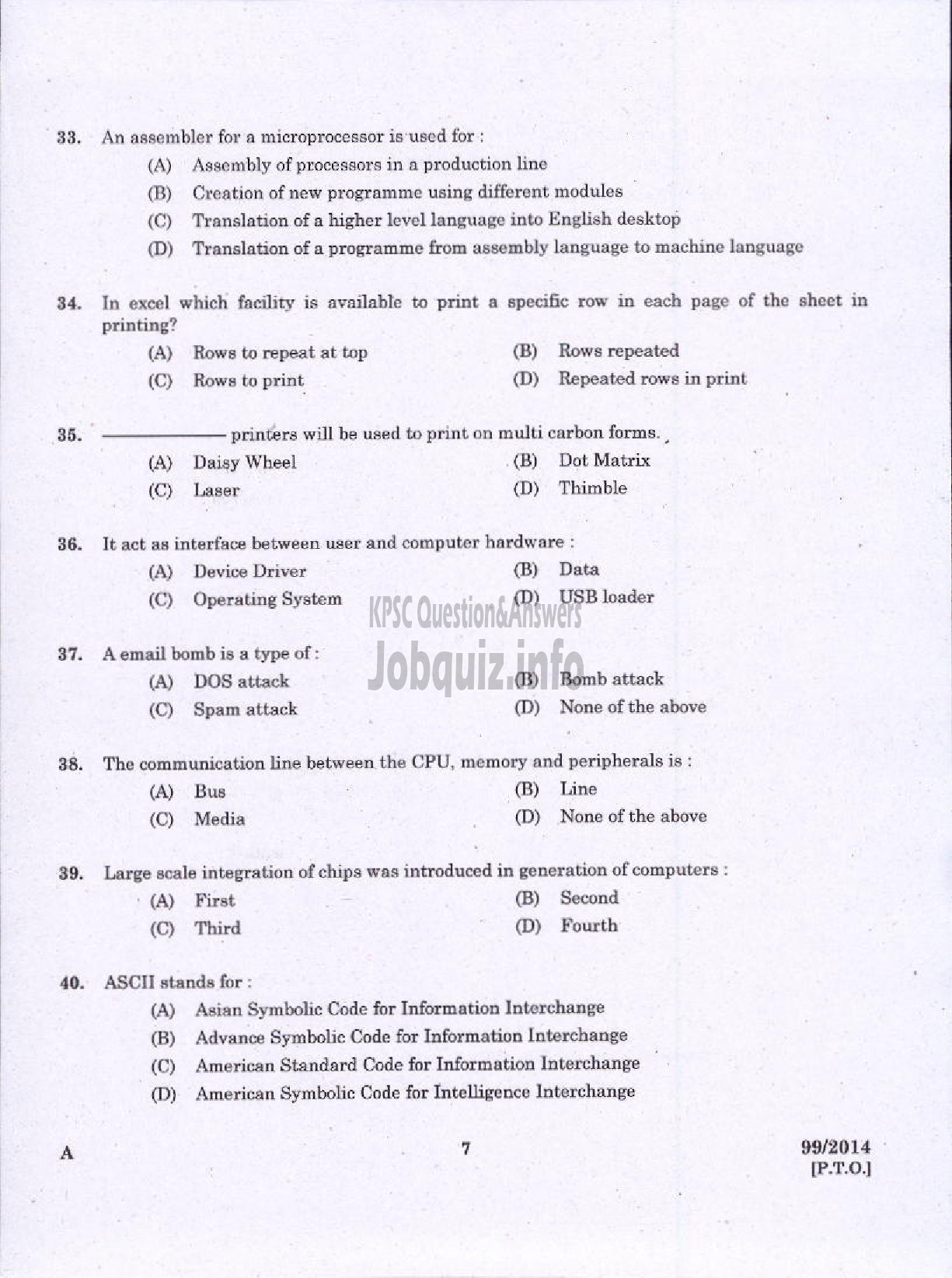 Kerala PSC Question Paper - JUNIOR INSTRUCTOR FRONT OFFICE ASSISTANT INDUSTRIAL TRAINING-5