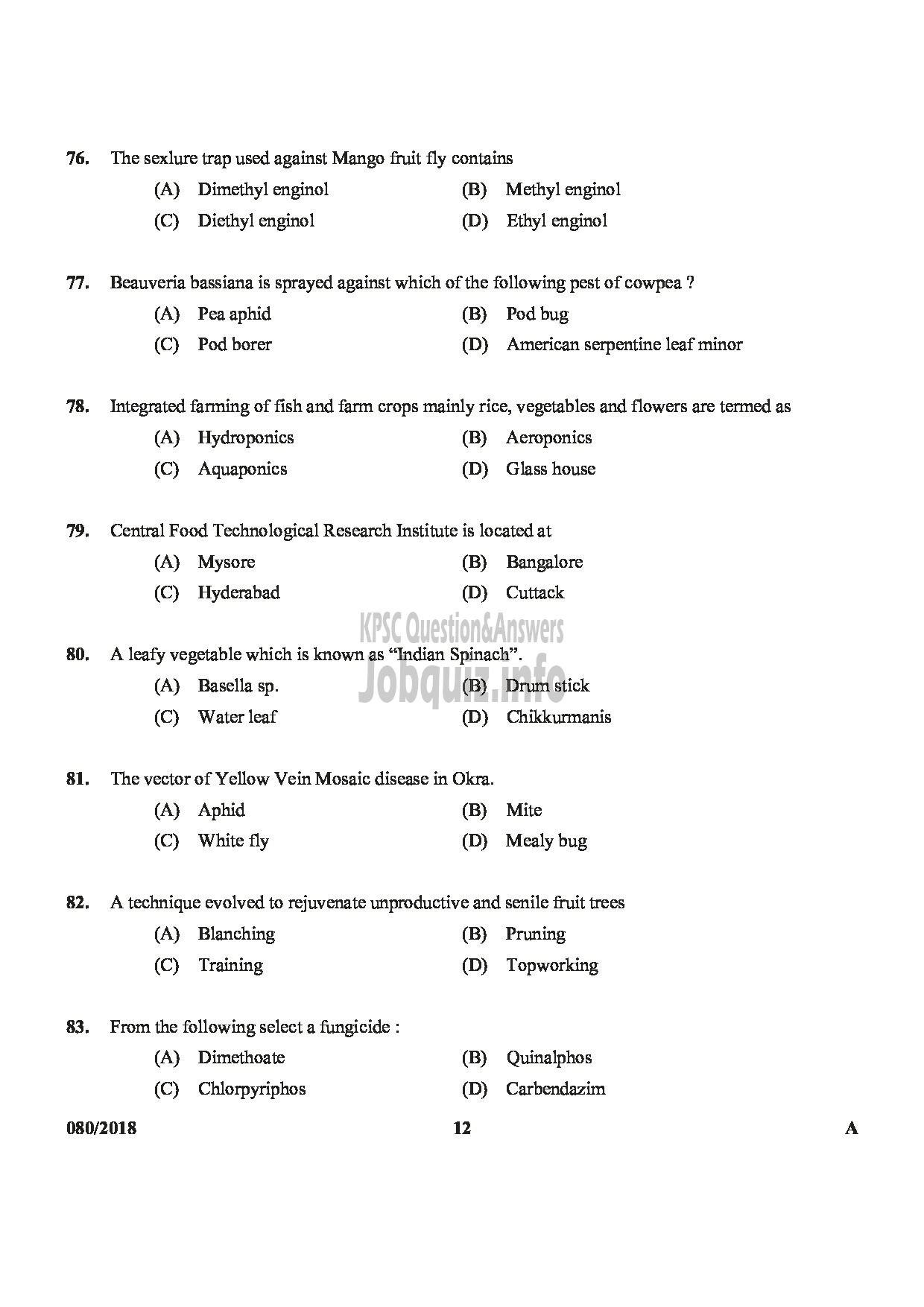 Kerala PSC Question Paper - JUNIOR INSTRUCTOR FRUIT AND VEGETABLE PROCESSING INDUSTRIAL TRAINING-12