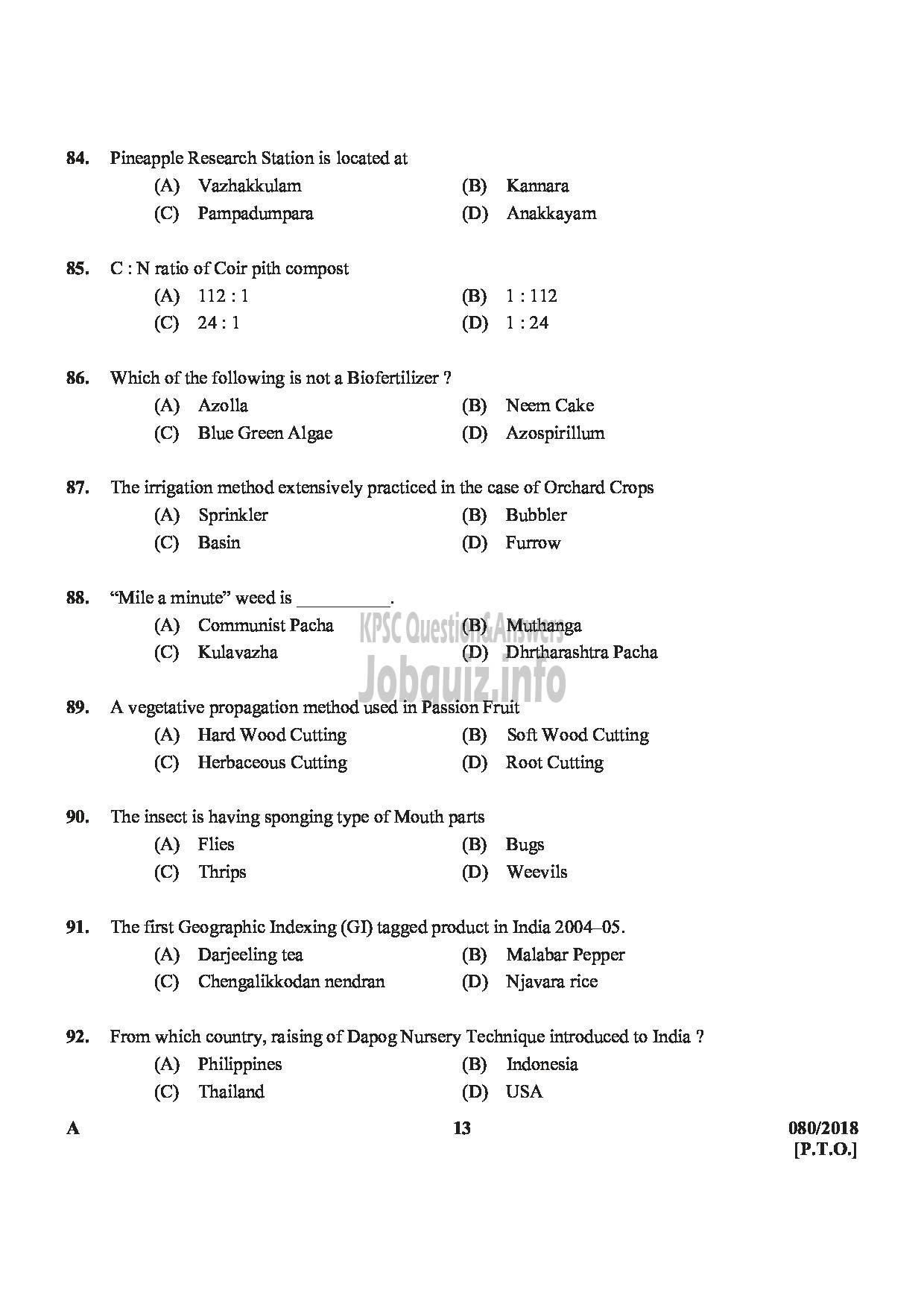 Kerala PSC Question Paper - JUNIOR INSTRUCTOR FRUIT AND VEGETABLE PROCESSING INDUSTRIAL TRAINING-13