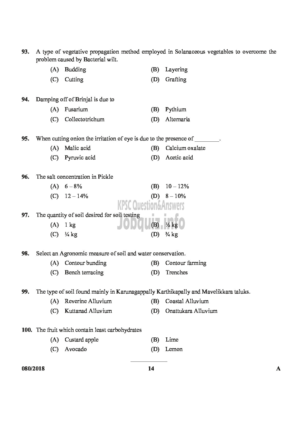 Kerala PSC Question Paper - JUNIOR INSTRUCTOR FRUIT AND VEGETABLE PROCESSING INDUSTRIAL TRAINING-14