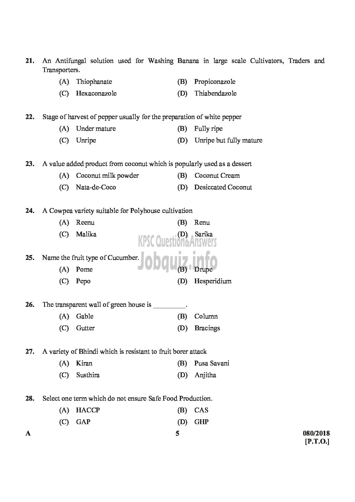 Kerala PSC Question Paper - JUNIOR INSTRUCTOR FRUIT AND VEGETABLE PROCESSING INDUSTRIAL TRAINING-5