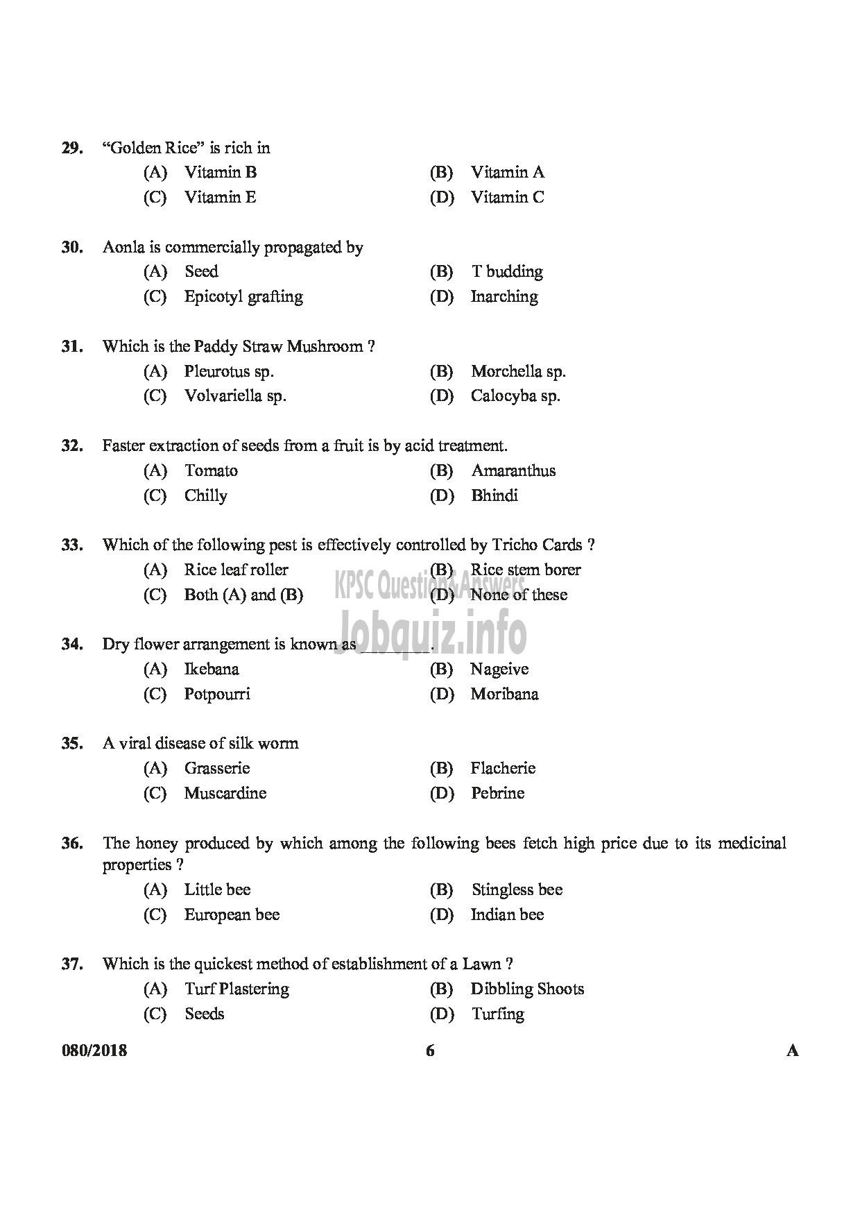 Kerala PSC Question Paper - JUNIOR INSTRUCTOR FRUIT AND VEGETABLE PROCESSING INDUSTRIAL TRAINING-6