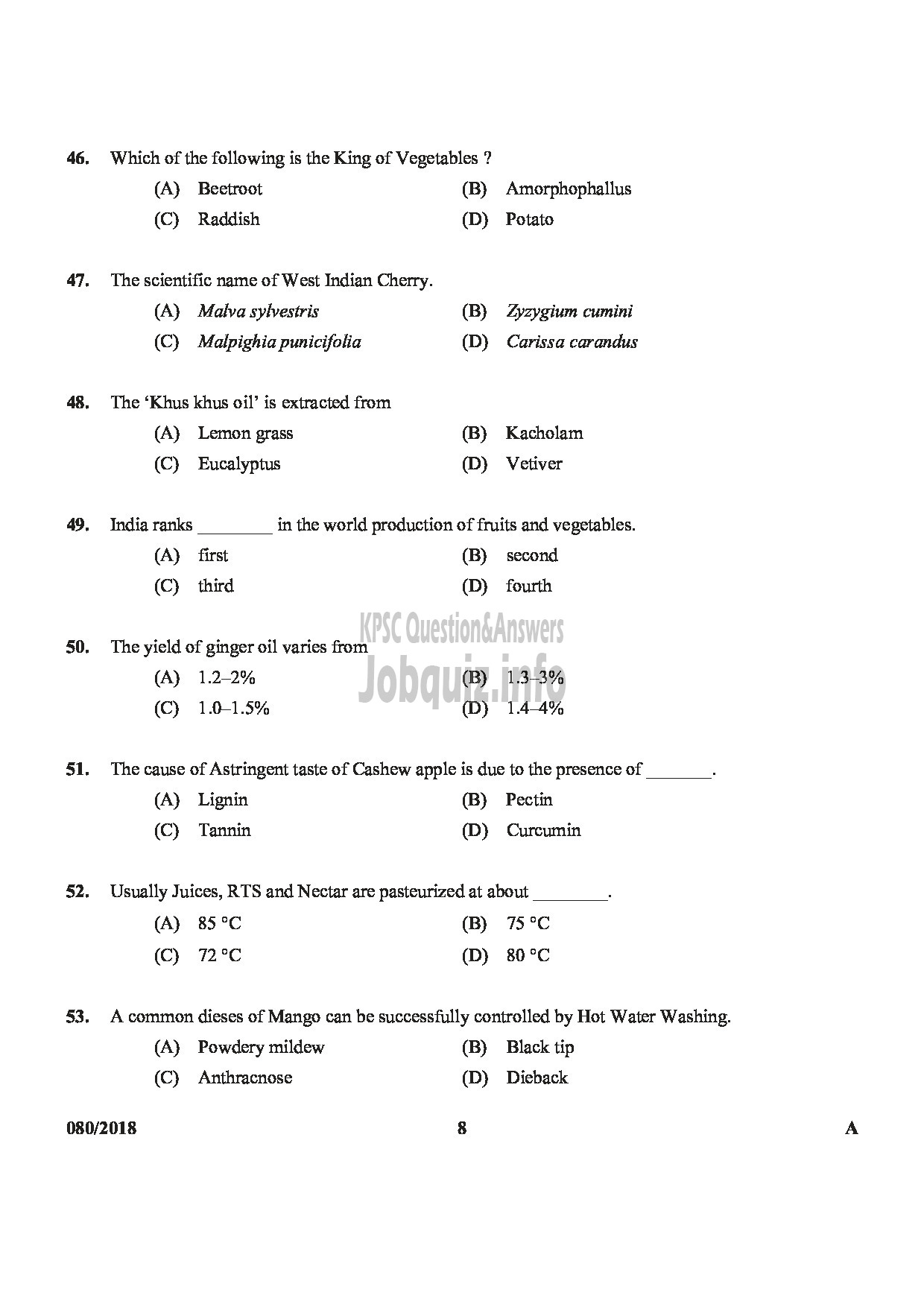 Kerala PSC Question Paper - JUNIOR INSTRUCTOR FRUIT AND VEGETABLE PROCESSING INDUSTRIAL TRAINING-8