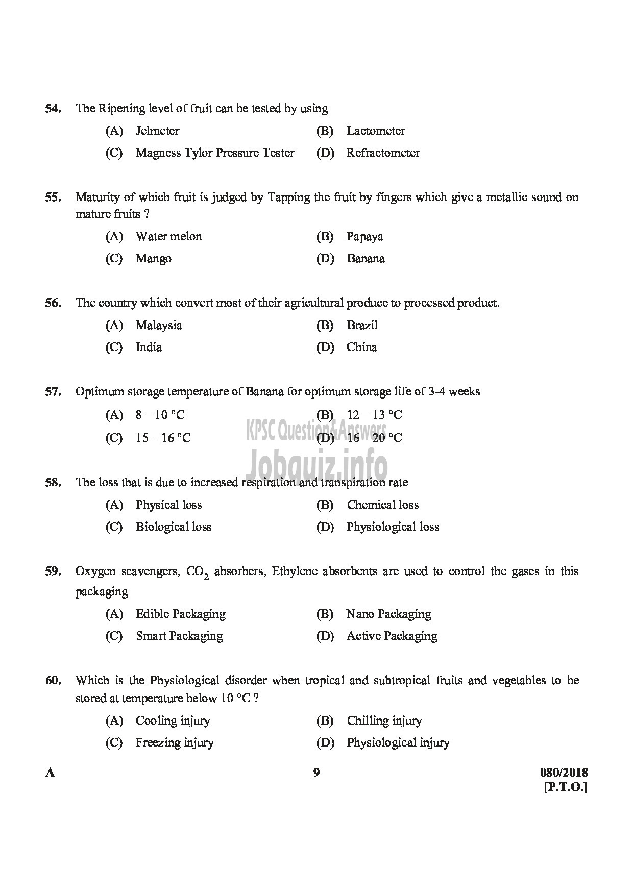 Kerala PSC Question Paper - JUNIOR INSTRUCTOR FRUIT AND VEGETABLE PROCESSING INDUSTRIAL TRAINING-9