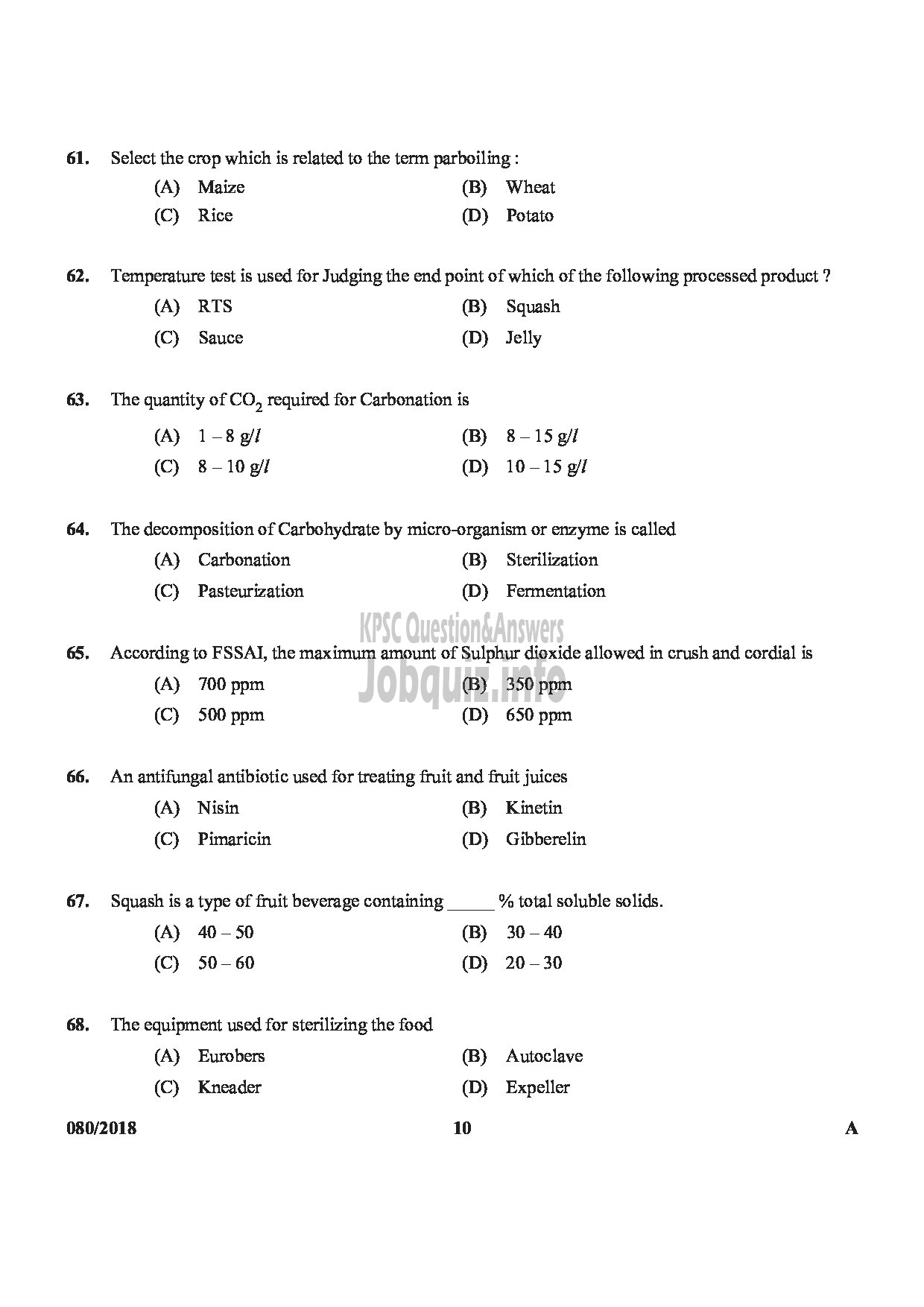 Kerala PSC Question Paper - JUNIOR INSTRUCTOR FRUIT AND VEGETABLE PROCESSING INDUSTRIAL TRAINING-10