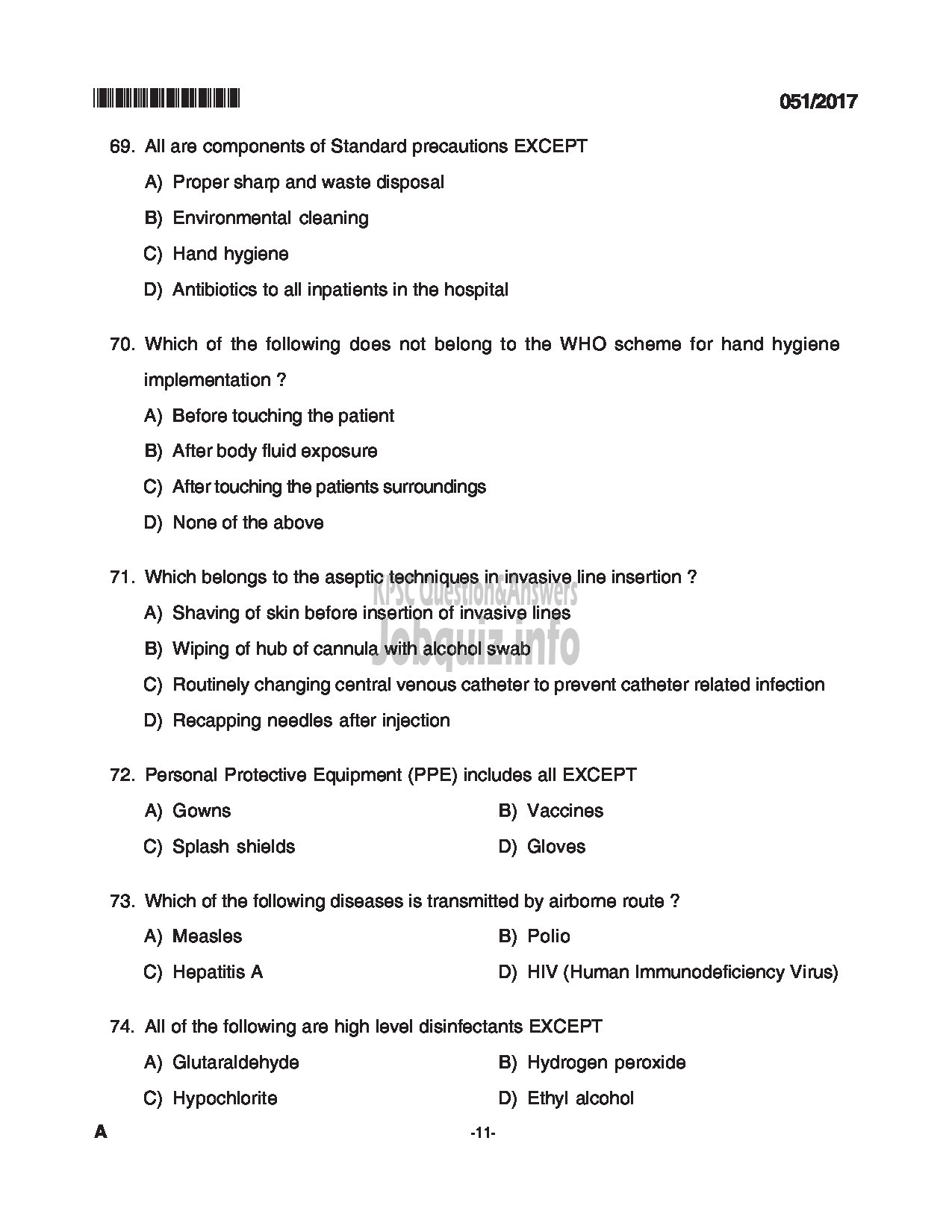 Kerala PSC Question Paper - JUNIOR INSTRUCTOR HOSPITAL HOUSE KEEPING INDUSTRIAL TRAINING DEPARTMENT CAT NO 539/2012 QUESTION PAPER-11