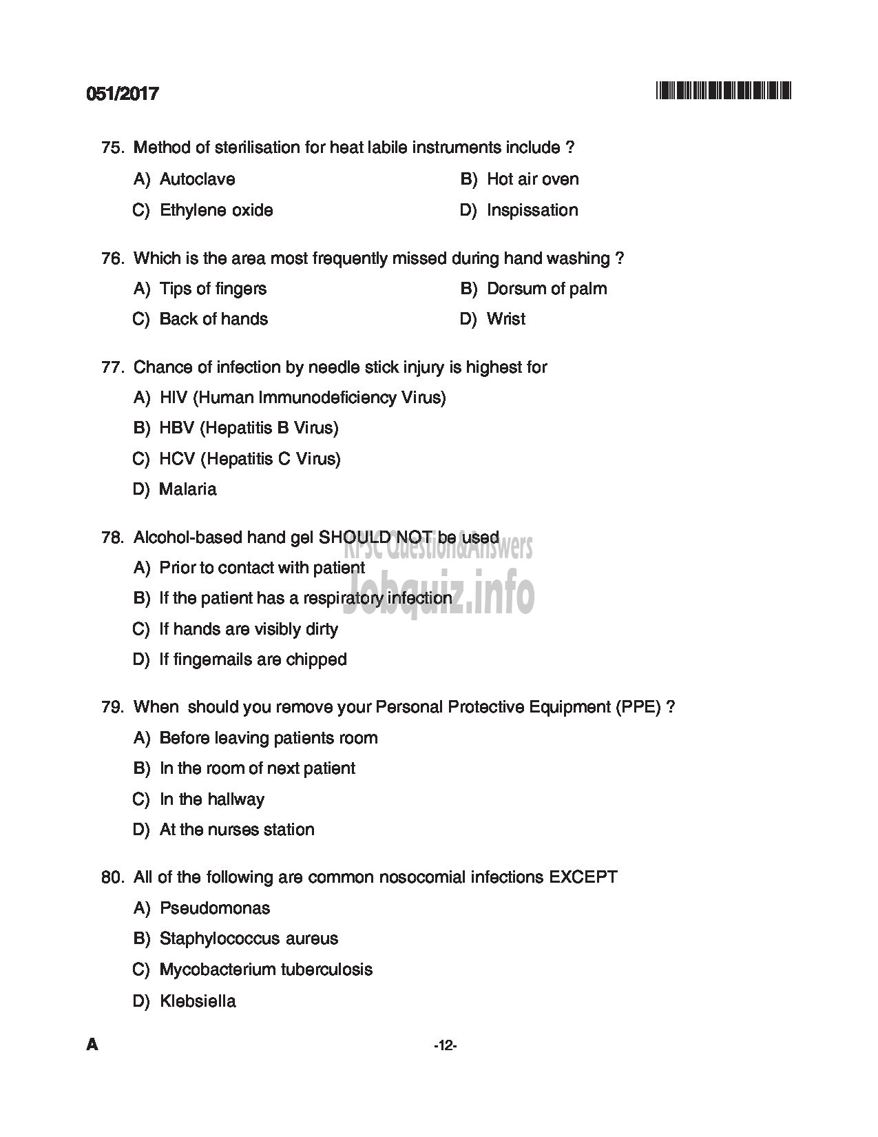 Kerala PSC Question Paper - JUNIOR INSTRUCTOR HOSPITAL HOUSE KEEPING INDUSTRIAL TRAINING DEPARTMENT CAT NO 539/2012 QUESTION PAPER-12