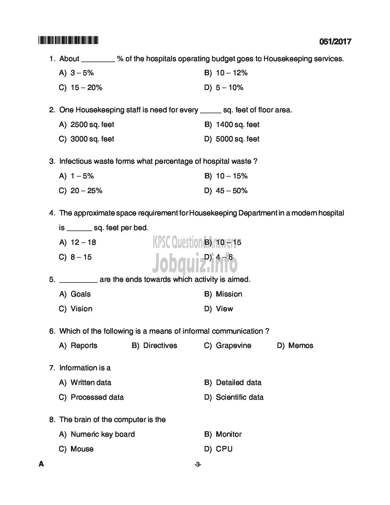 Kerala PSC Question Paper - JUNIOR INSTRUCTOR HOSPITAL HOUSE KEEPING INDUSTRIAL TRAINING DEPARTMENT CAT NO 539/2012 QUESTION PAPER-3