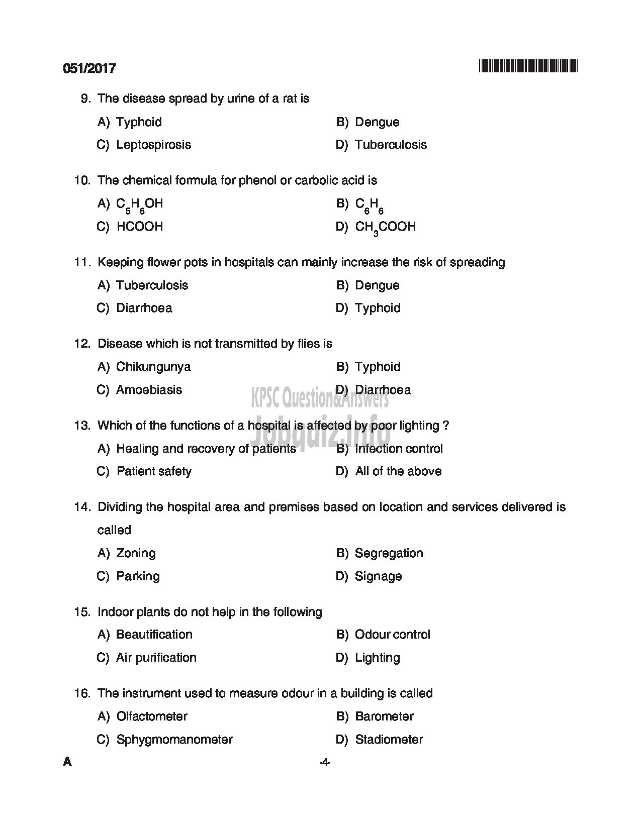 Kerala PSC Question Paper - JUNIOR INSTRUCTOR HOSPITAL HOUSE KEEPING INDUSTRIAL TRAINING DEPARTMENT CAT NO 539/2012 QUESTION PAPER-4
