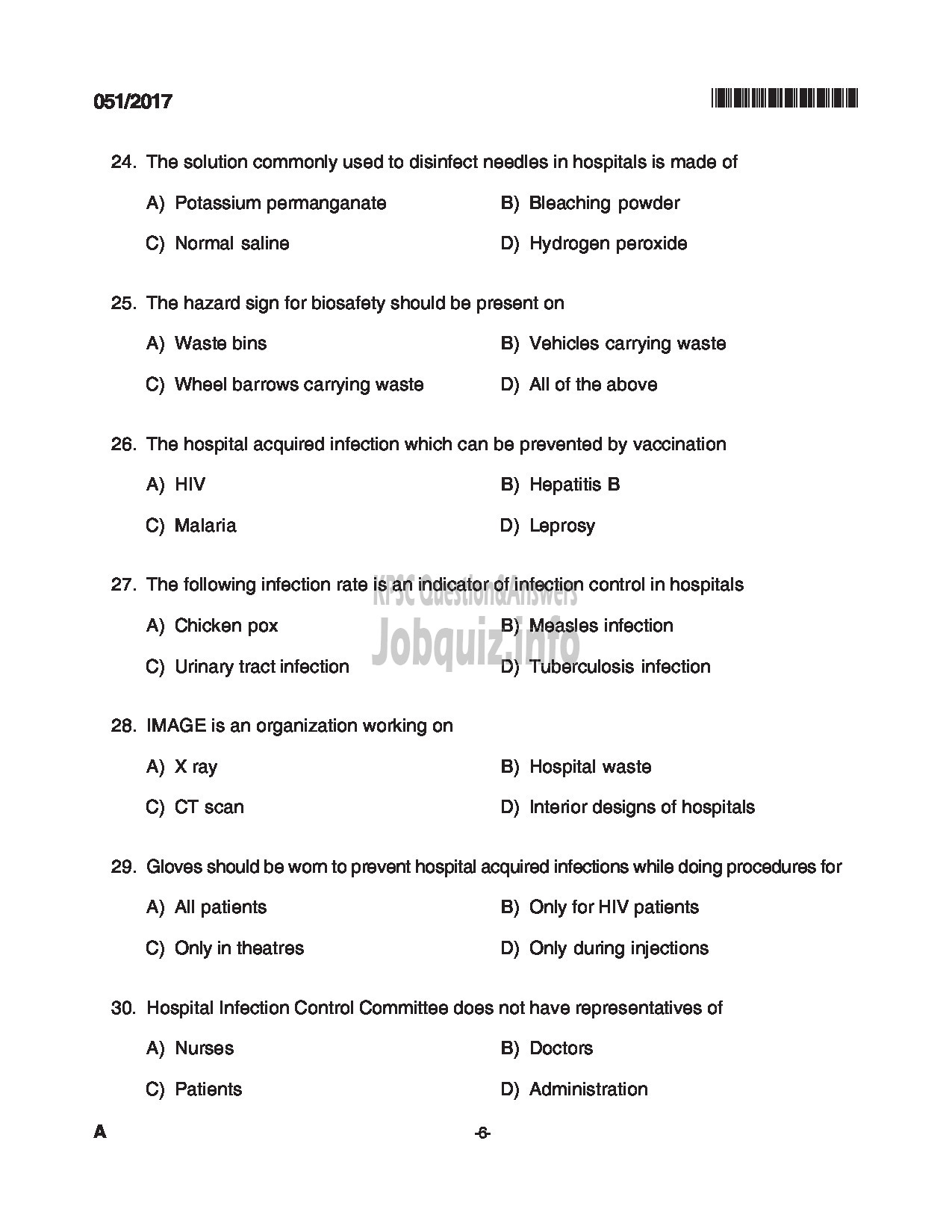 Kerala PSC Question Paper - JUNIOR INSTRUCTOR HOSPITAL HOUSE KEEPING INDUSTRIAL TRAINING DEPARTMENT CAT NO 539/2012 QUESTION PAPER-6