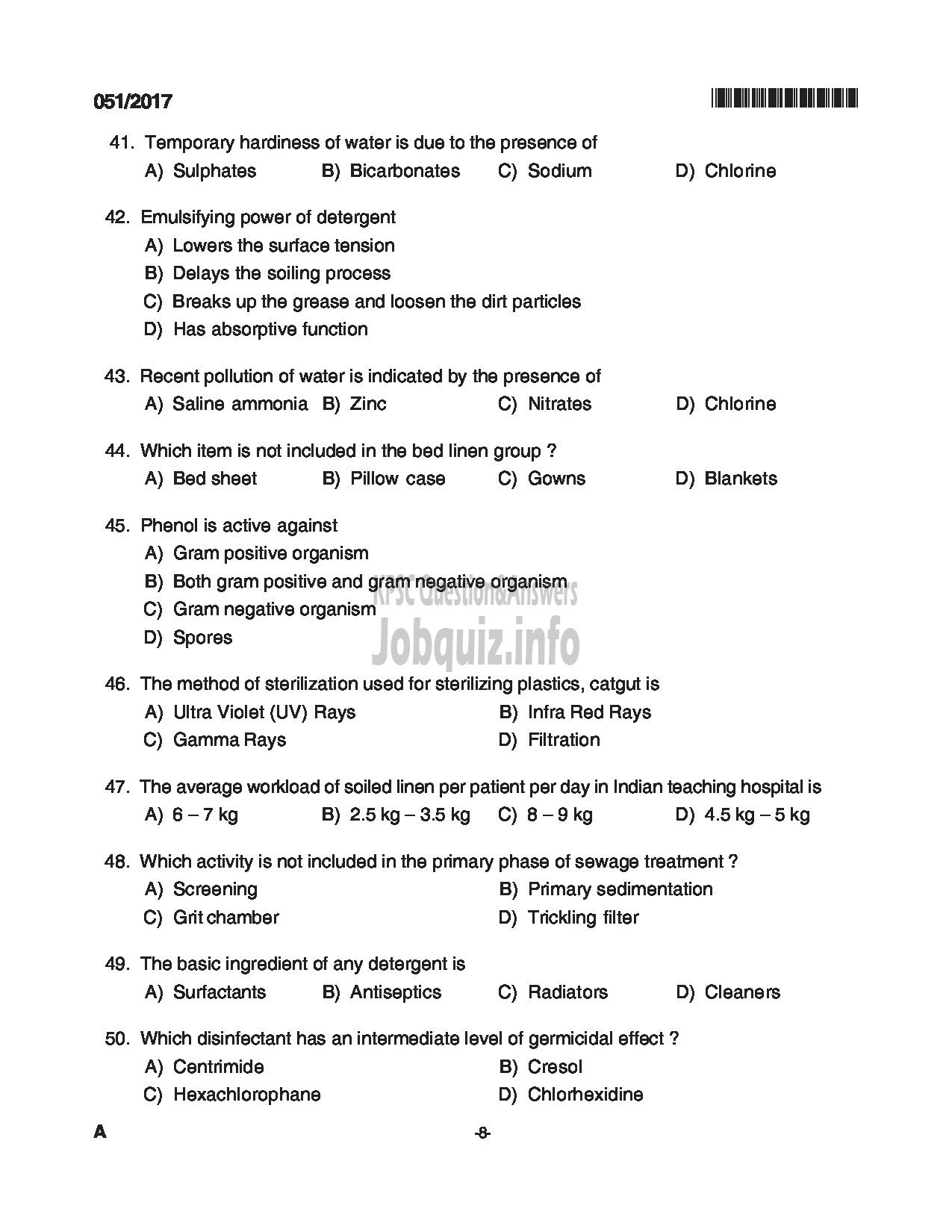 Kerala PSC Question Paper - JUNIOR INSTRUCTOR HOSPITAL HOUSE KEEPING INDUSTRIAL TRAINING DEPARTMENT CAT NO 539/2012 QUESTION PAPER-8