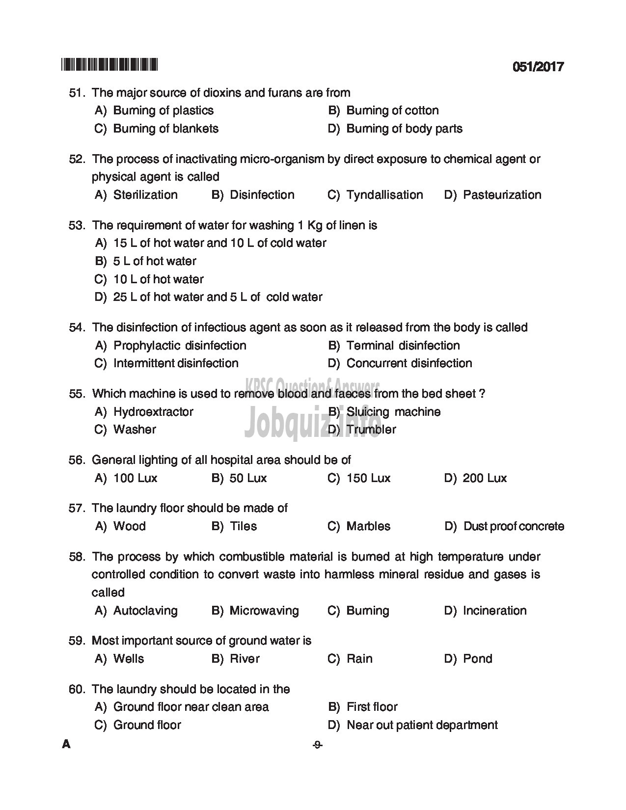 Kerala PSC Question Paper - JUNIOR INSTRUCTOR HOSPITAL HOUSE KEEPING INDUSTRIAL TRAINING DEPARTMENT CAT NO 539/2012 QUESTION PAPER-9