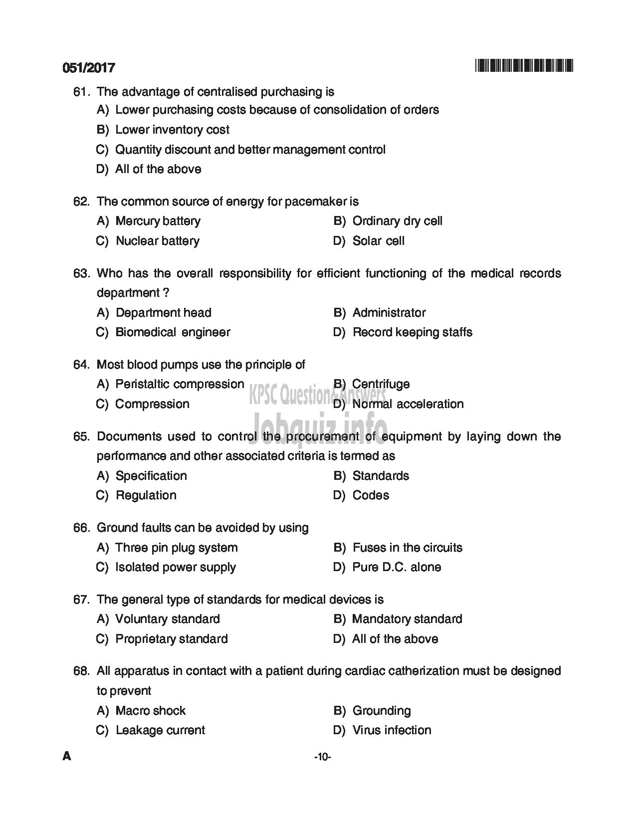 Kerala PSC Question Paper - JUNIOR INSTRUCTOR HOSPITAL HOUSE KEEPING INDUSTRIAL TRAINING DEPARTMENT CAT NO 539/2012 QUESTION PAPER-10