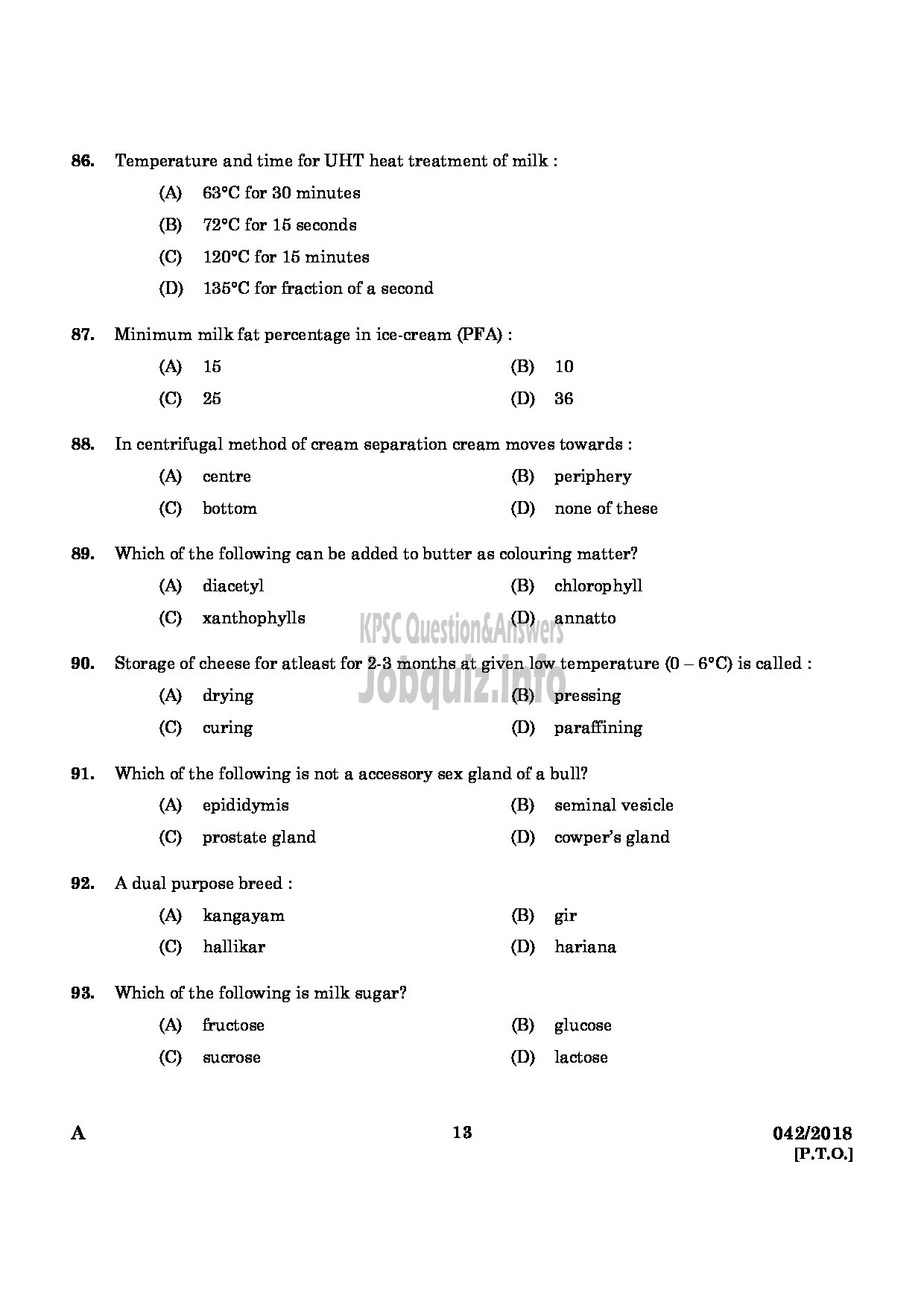 Kerala PSC Question Paper - JUNIOR INSTRUCTOR IN MILK AND MILK PRODUCTS INDUSTRIAL TRAINING-11