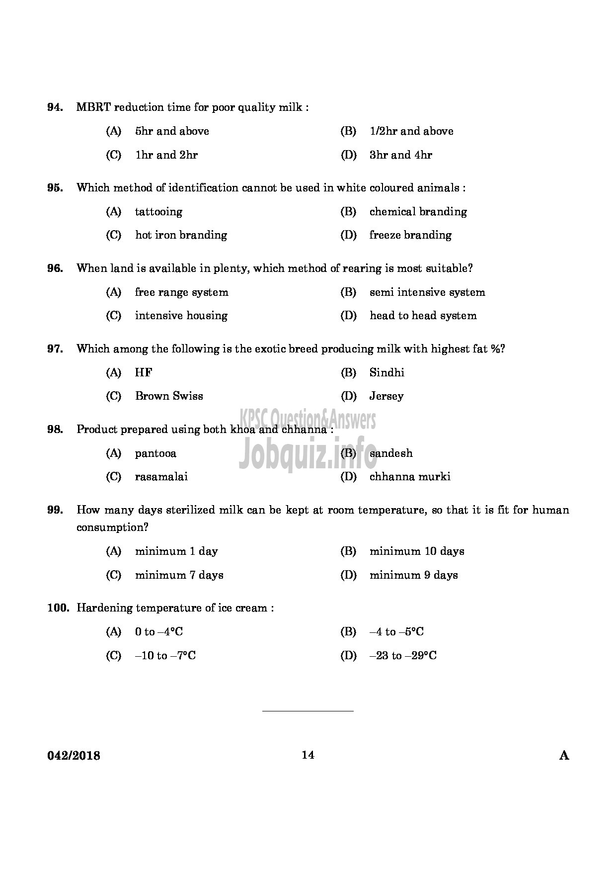 Kerala PSC Question Paper - JUNIOR INSTRUCTOR IN MILK AND MILK PRODUCTS INDUSTRIAL TRAINING-12