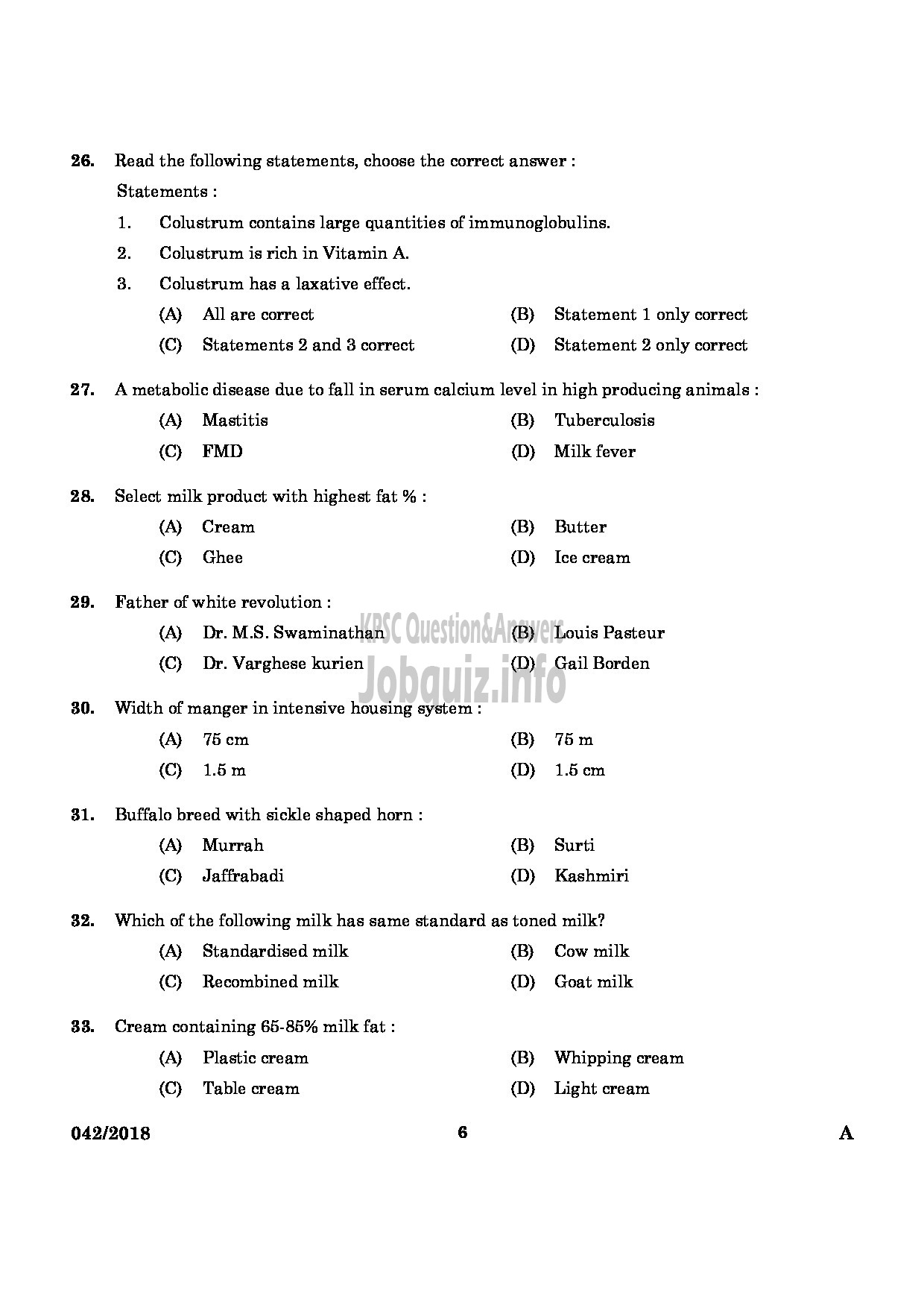Kerala PSC Question Paper - JUNIOR INSTRUCTOR IN MILK AND MILK PRODUCTS INDUSTRIAL TRAINING-4