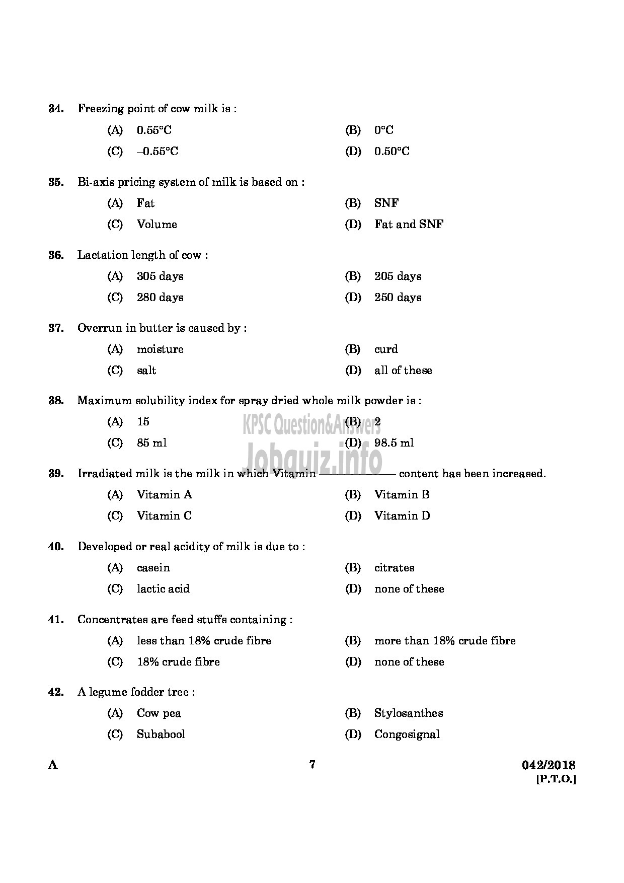 Kerala PSC Question Paper - JUNIOR INSTRUCTOR IN MILK AND MILK PRODUCTS INDUSTRIAL TRAINING-5