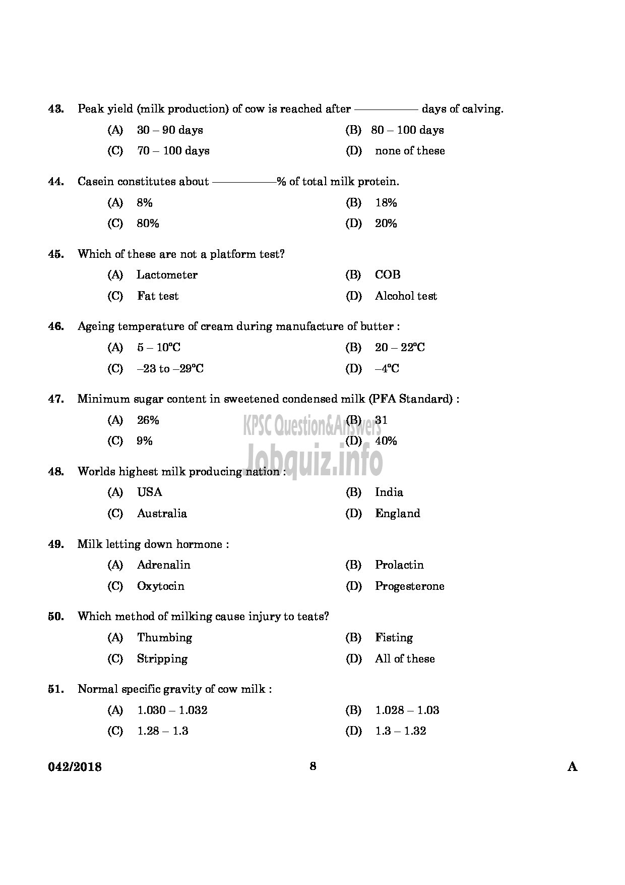 Kerala PSC Question Paper - JUNIOR INSTRUCTOR IN MILK AND MILK PRODUCTS INDUSTRIAL TRAINING-6