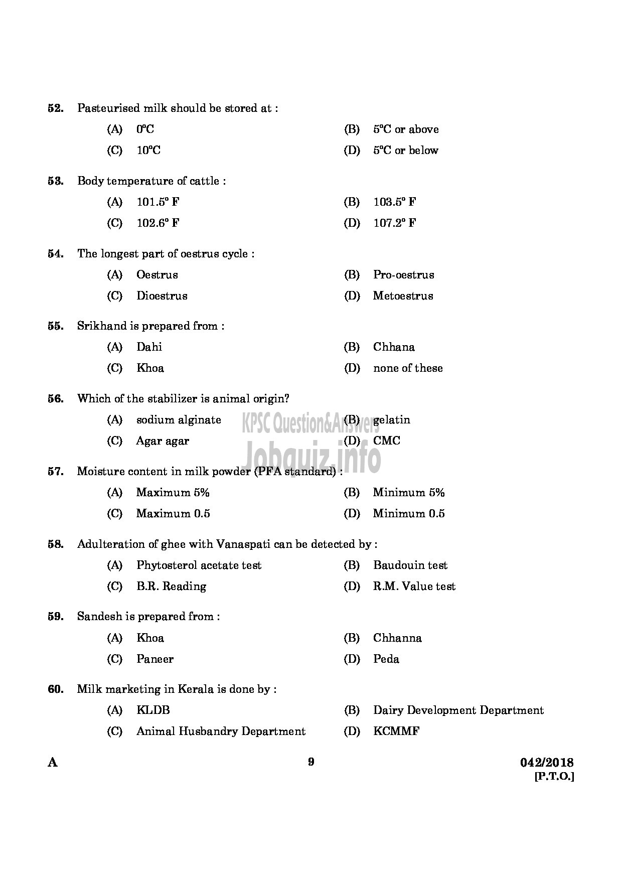 Kerala PSC Question Paper - JUNIOR INSTRUCTOR IN MILK AND MILK PRODUCTS INDUSTRIAL TRAINING-7