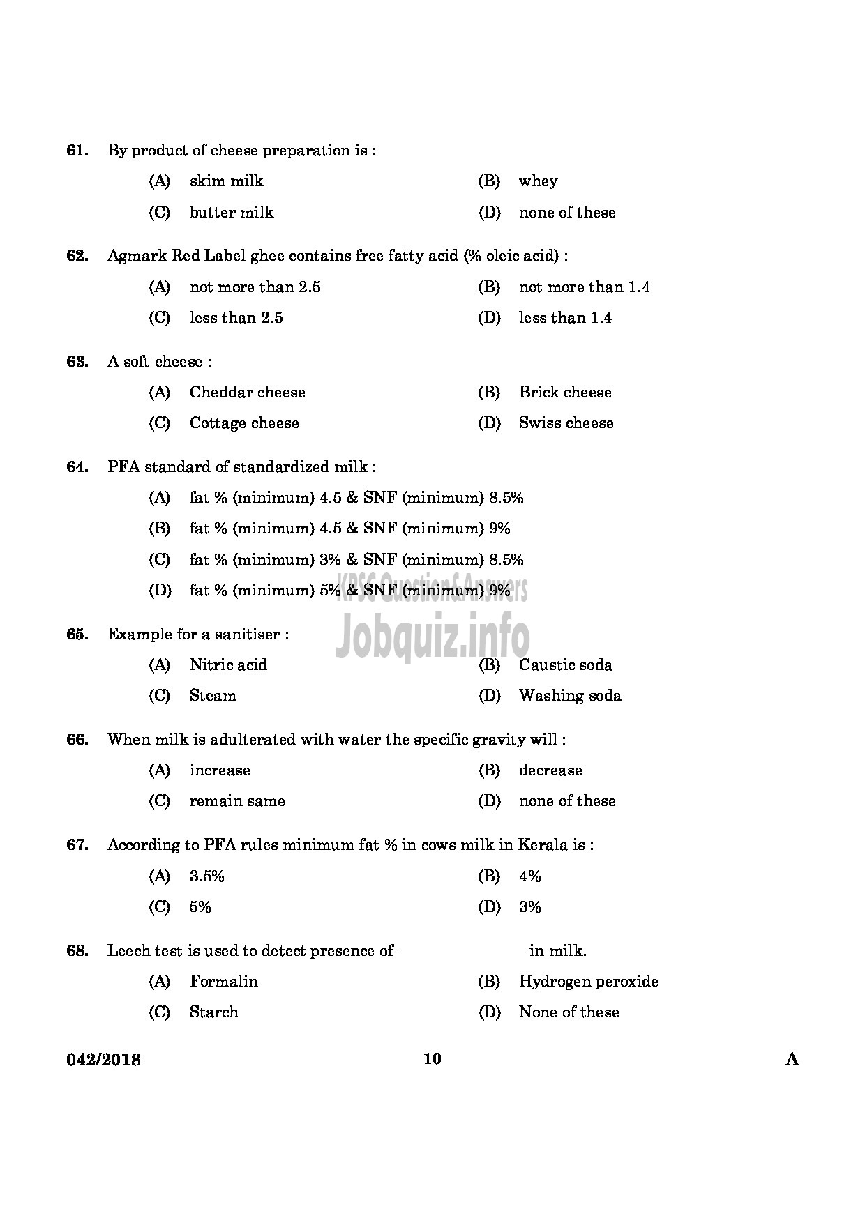 Kerala PSC Question Paper - JUNIOR INSTRUCTOR IN MILK AND MILK PRODUCTS INDUSTRIAL TRAINING-8