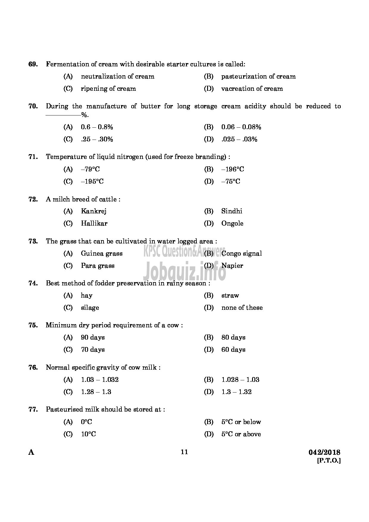 Kerala PSC Question Paper - JUNIOR INSTRUCTOR IN MILK AND MILK PRODUCTS INDUSTRIAL TRAINING-9