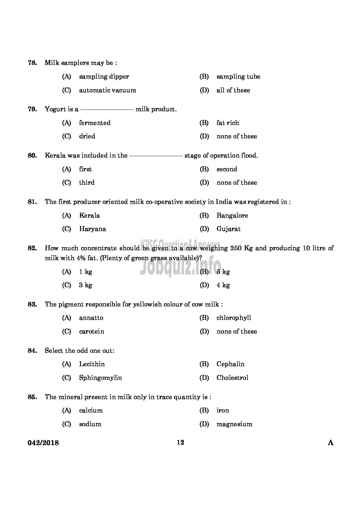 Kerala PSC Question Paper - JUNIOR INSTRUCTOR IN MILK AND MILK PRODUCTS INDUSTRIAL TRAINING-10