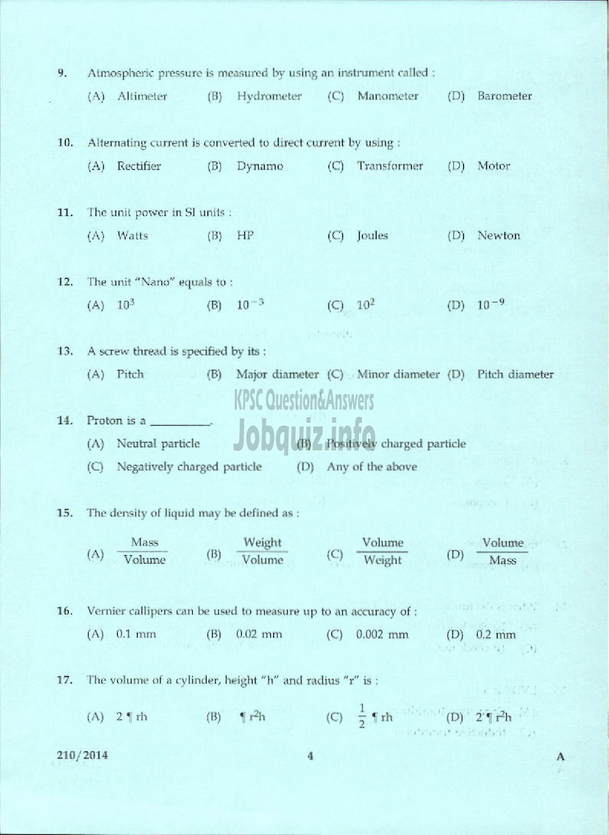 Kerala PSC Question Paper - JUNIOR INSTRUCTOR LIFT MECHANIC INDUSTRIAL TRAINING-2