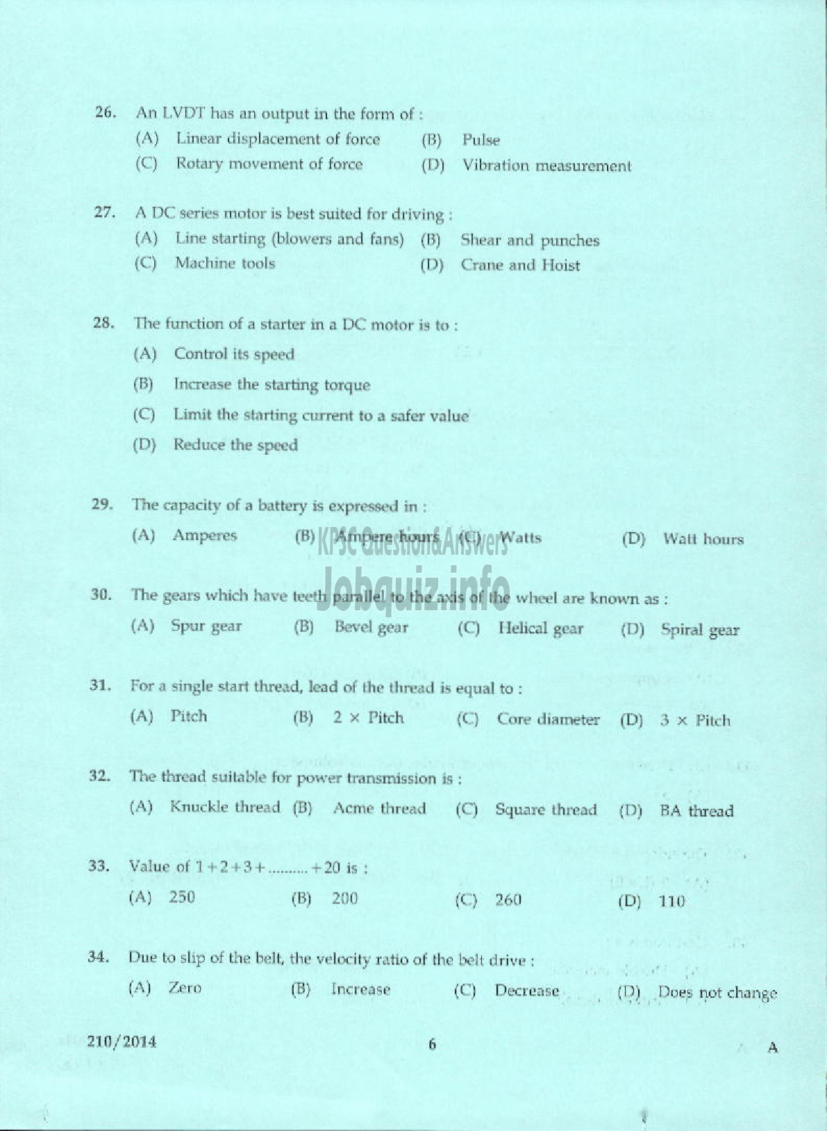 Kerala PSC Question Paper - JUNIOR INSTRUCTOR LIFT MECHANIC INDUSTRIAL TRAINING-4