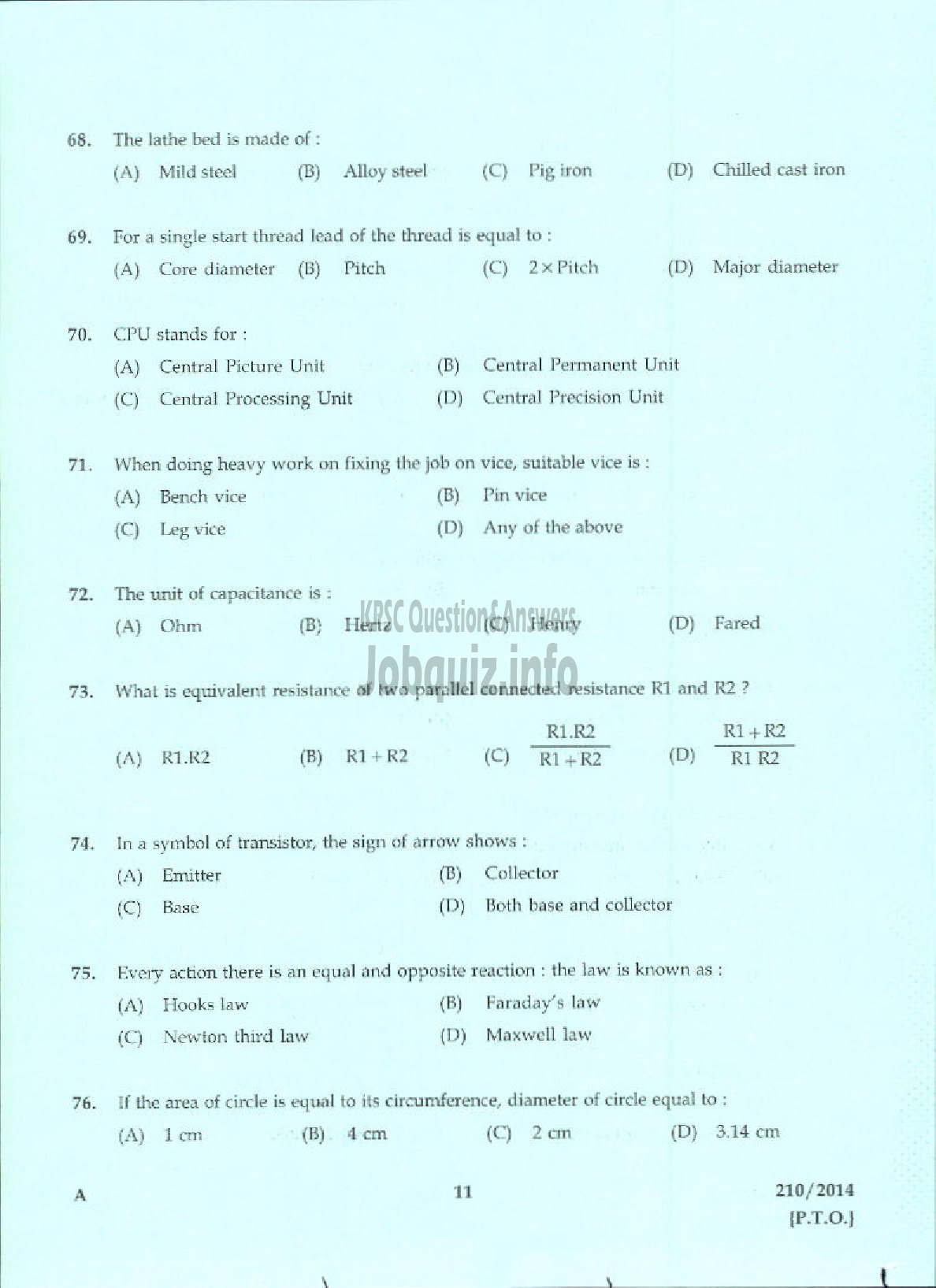 Kerala PSC Question Paper - JUNIOR INSTRUCTOR LIFT MECHANIC INDUSTRIAL TRAINING-9