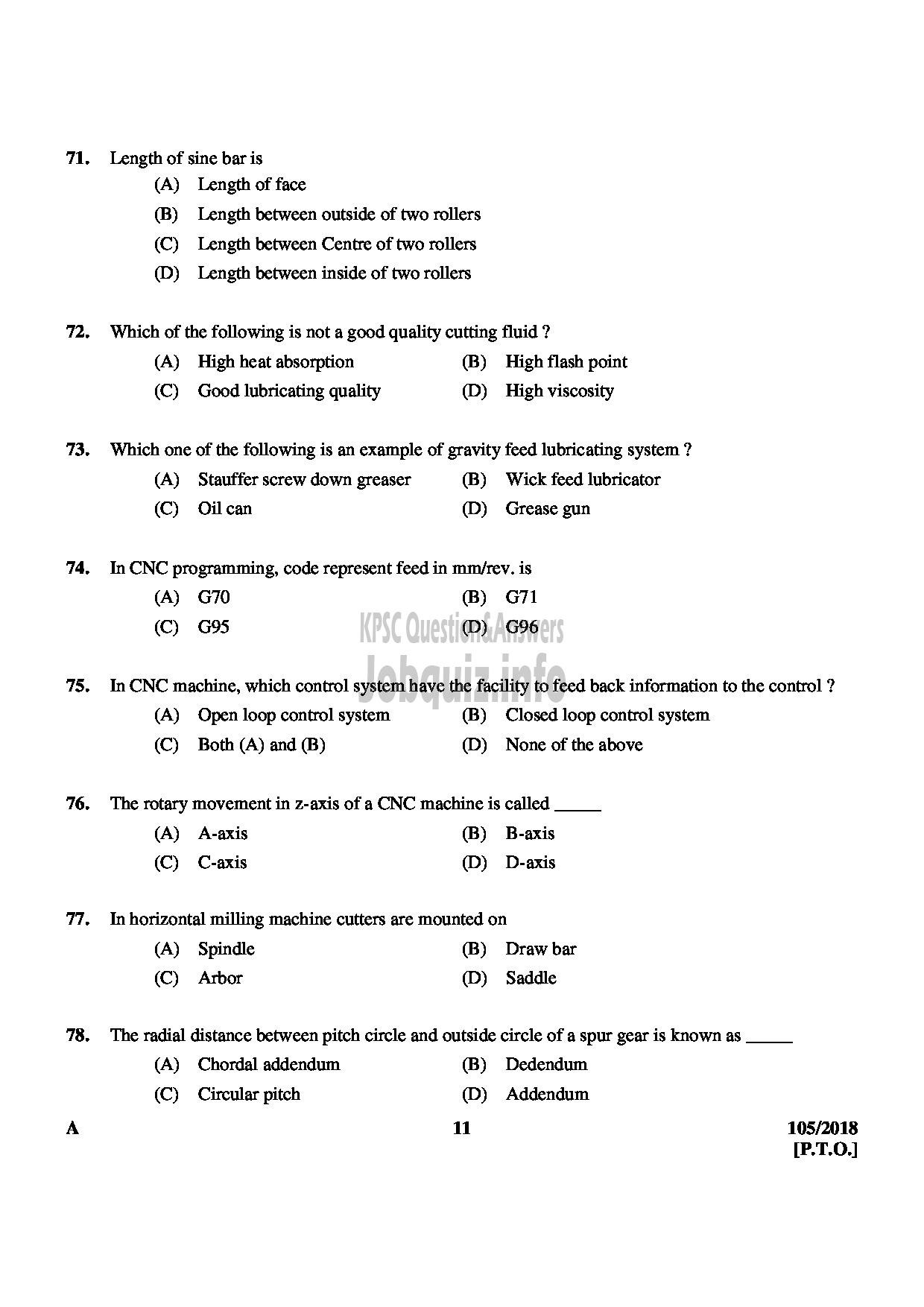 Kerala PSC Question Paper - JUNIOR INSTRUCTOR MACHINIST INDUSTRIAL TRAINING English -11