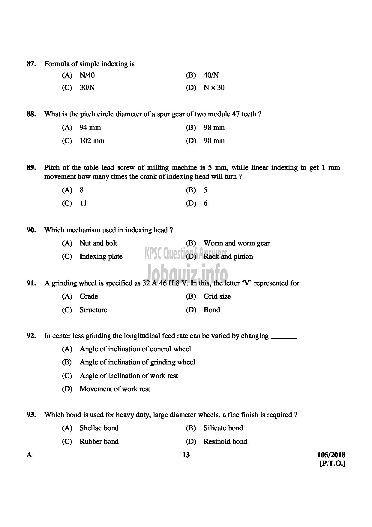 Kerala PSC Question Paper - JUNIOR INSTRUCTOR MACHINIST INDUSTRIAL TRAINING English -13