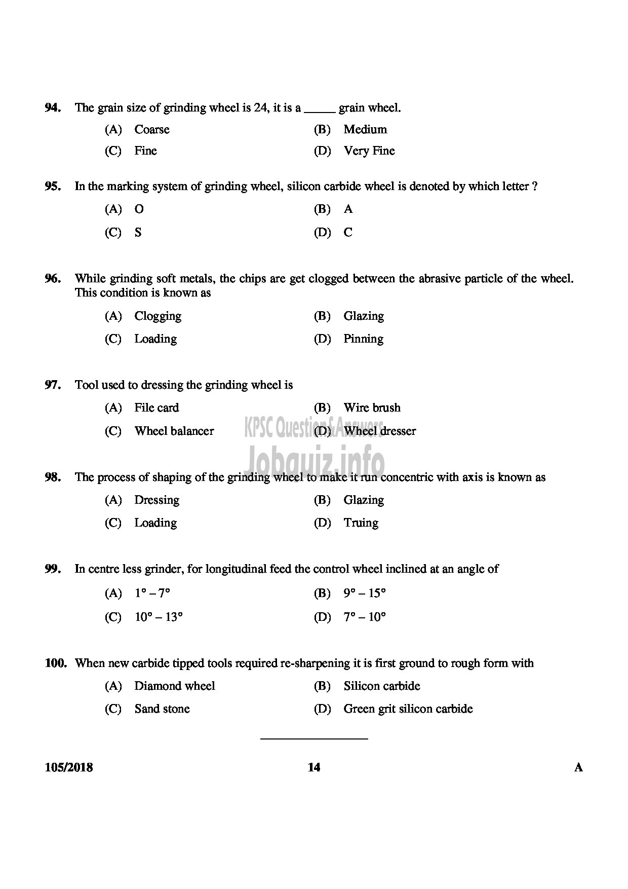 Kerala PSC Question Paper - JUNIOR INSTRUCTOR MACHINIST INDUSTRIAL TRAINING English -14