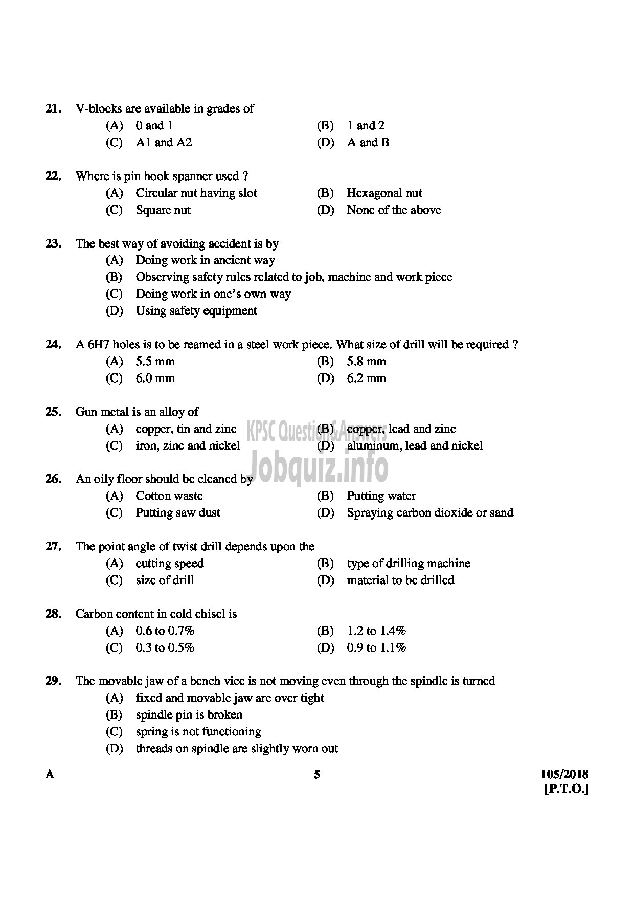 Kerala PSC Question Paper - JUNIOR INSTRUCTOR MACHINIST INDUSTRIAL TRAINING English -5