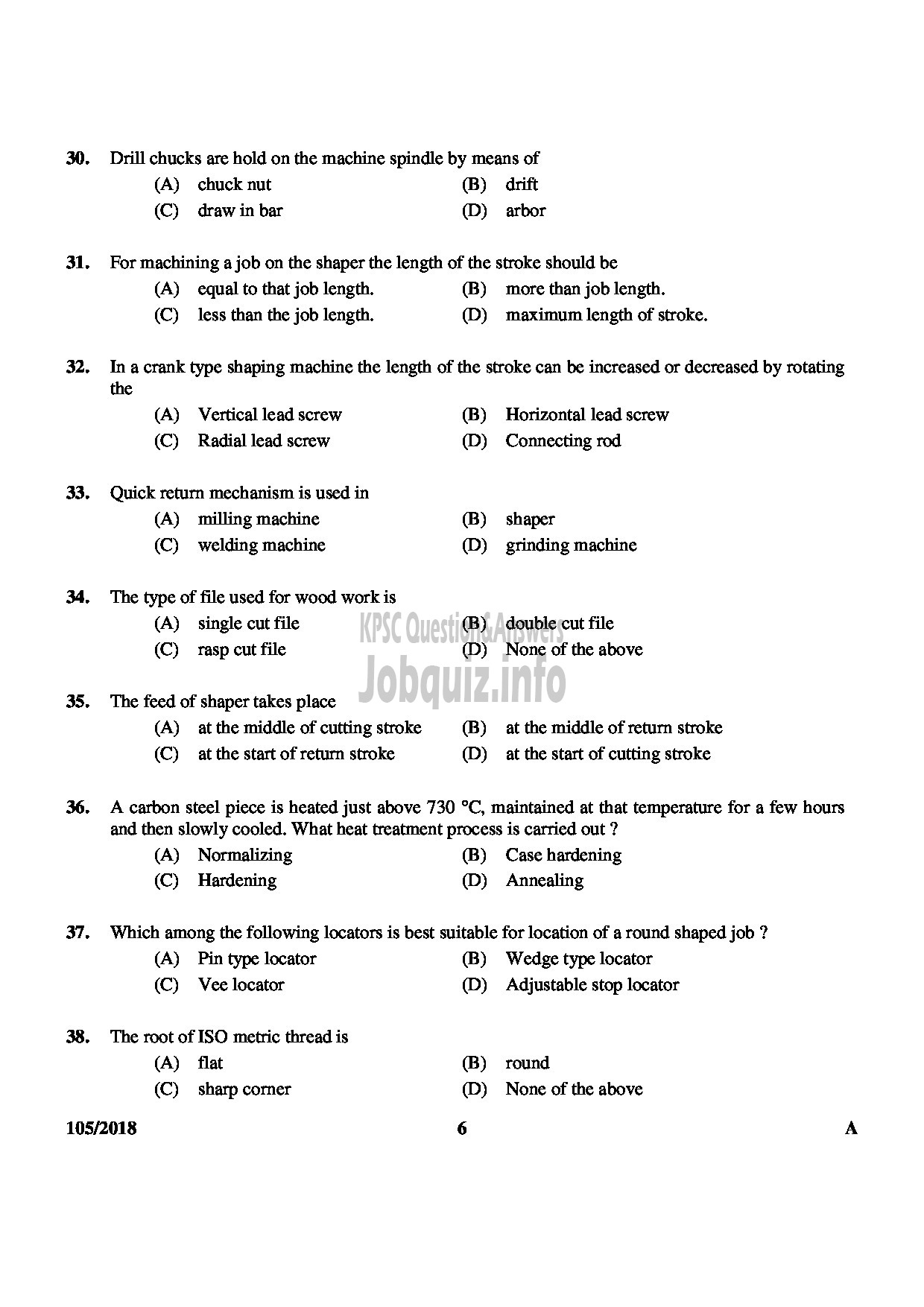Kerala PSC Question Paper - JUNIOR INSTRUCTOR MACHINIST INDUSTRIAL TRAINING English -6