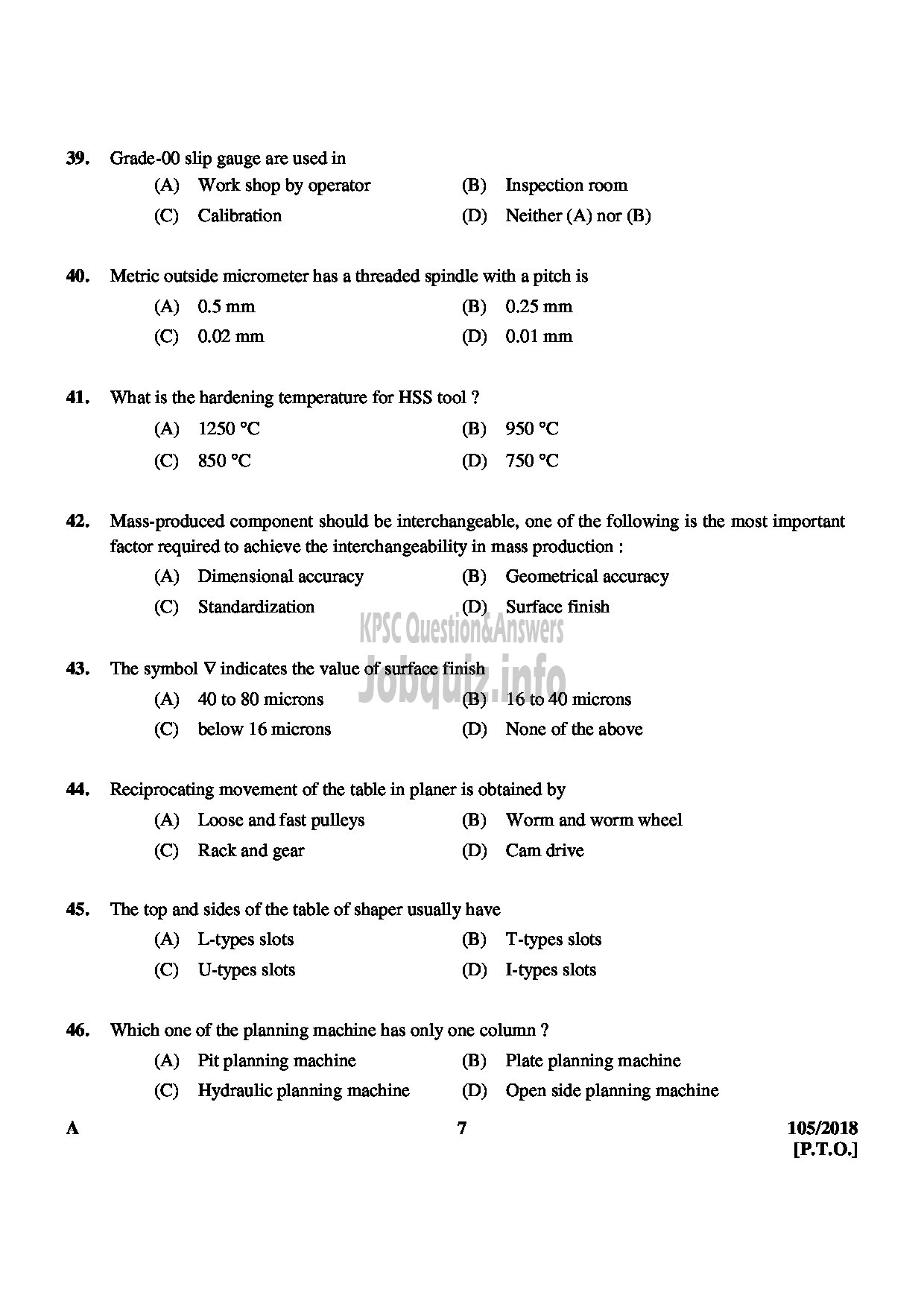 Kerala PSC Question Paper - JUNIOR INSTRUCTOR MACHINIST INDUSTRIAL TRAINING English -7