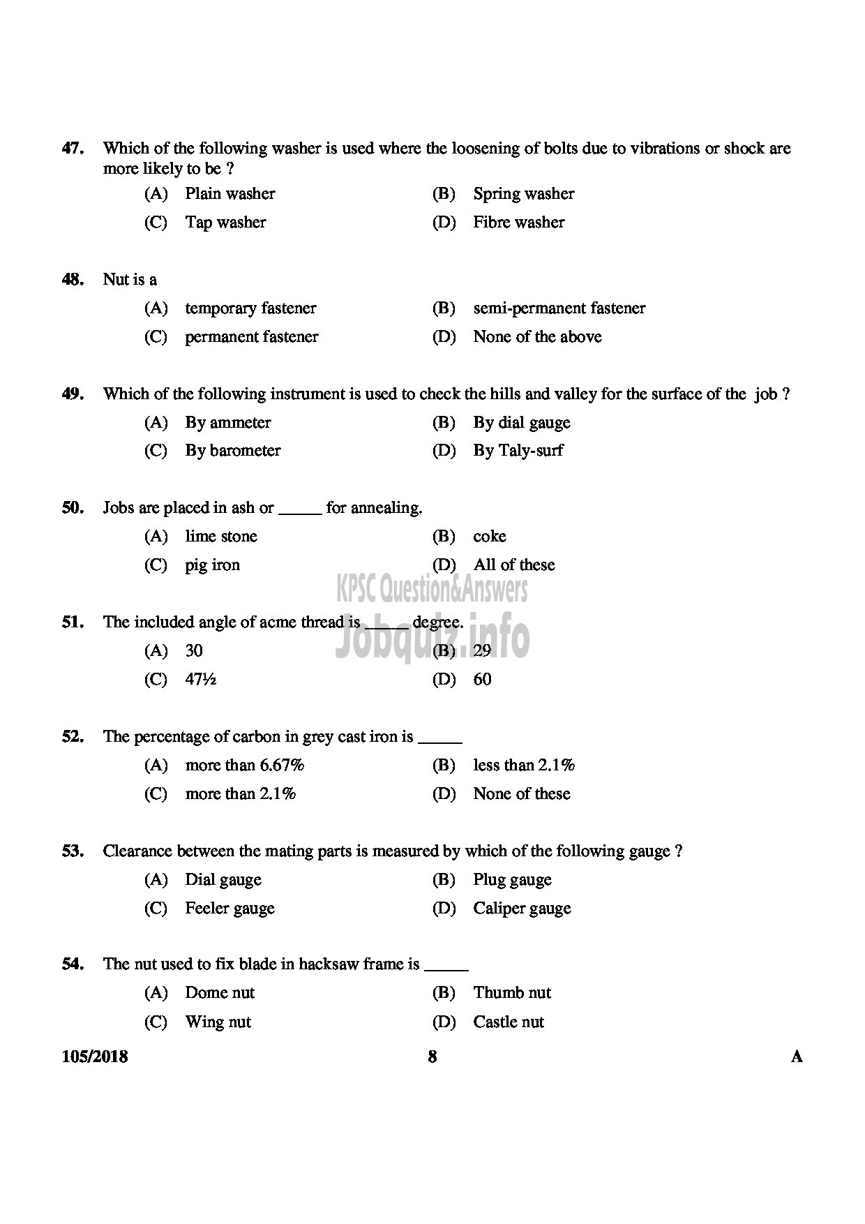 Kerala PSC Question Paper - JUNIOR INSTRUCTOR MACHINIST INDUSTRIAL TRAINING English -8