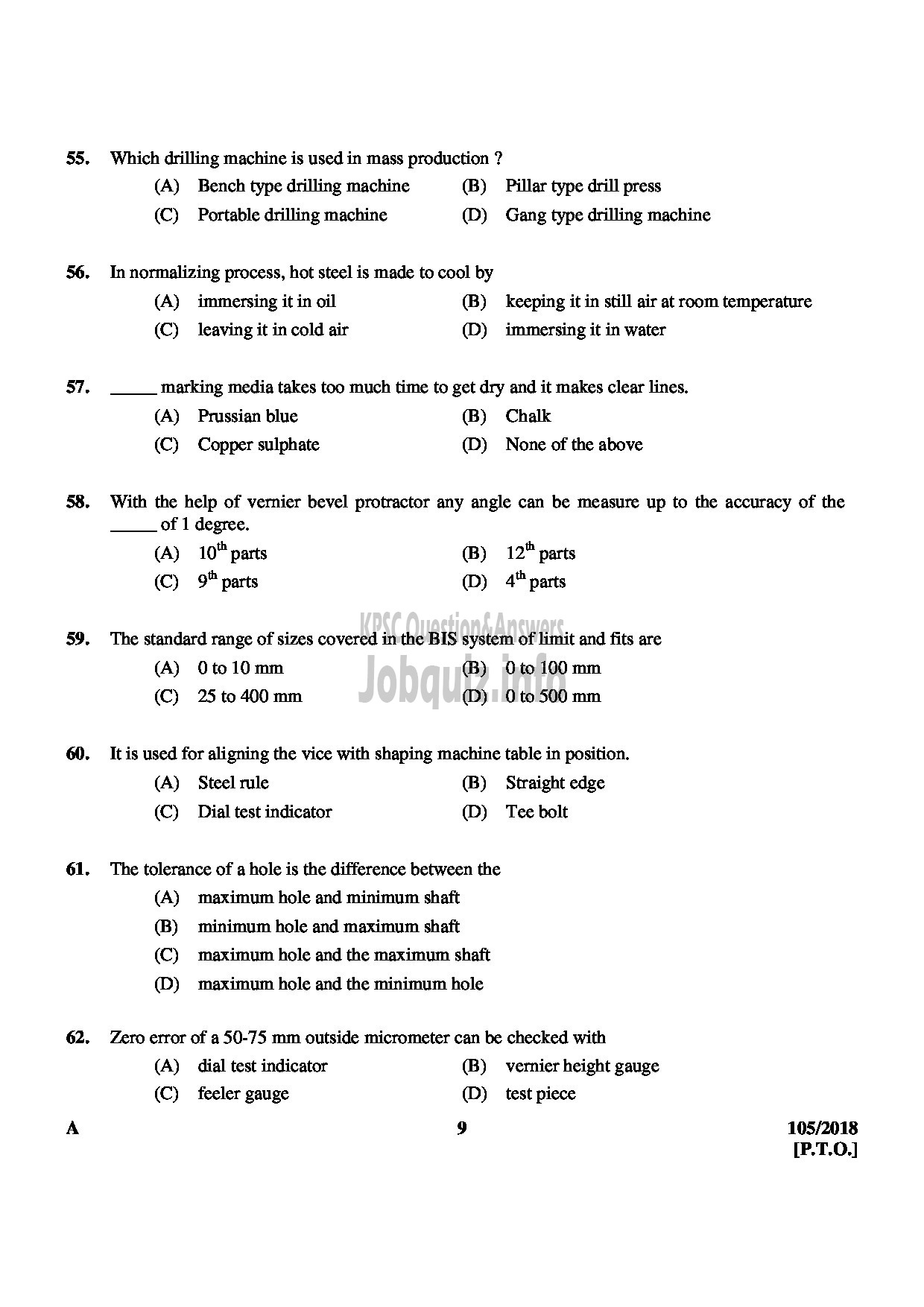 Kerala PSC Question Paper - JUNIOR INSTRUCTOR MACHINIST INDUSTRIAL TRAINING English -9