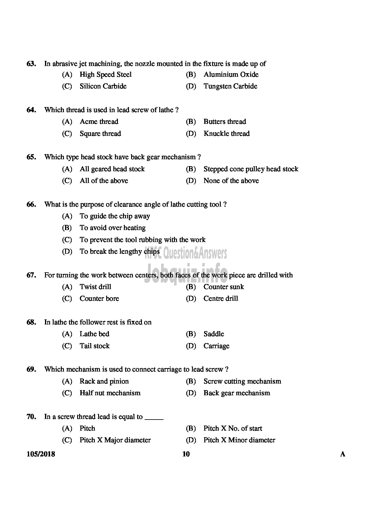 Kerala PSC Question Paper - JUNIOR INSTRUCTOR MACHINIST INDUSTRIAL TRAINING English -10