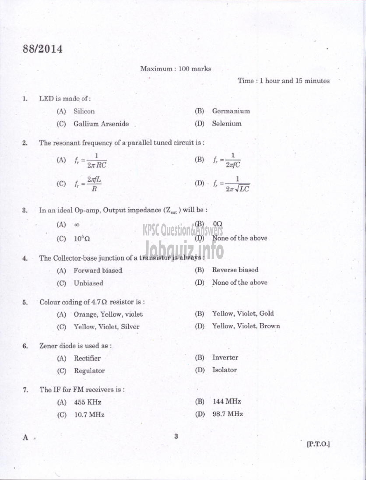 Kerala PSC Question Paper - JUNIOR INSTRUCTOR MECHANICAL CONSUMER ELECTRONICS INDUSTRIAL TRAINING DEPARTMENT-1