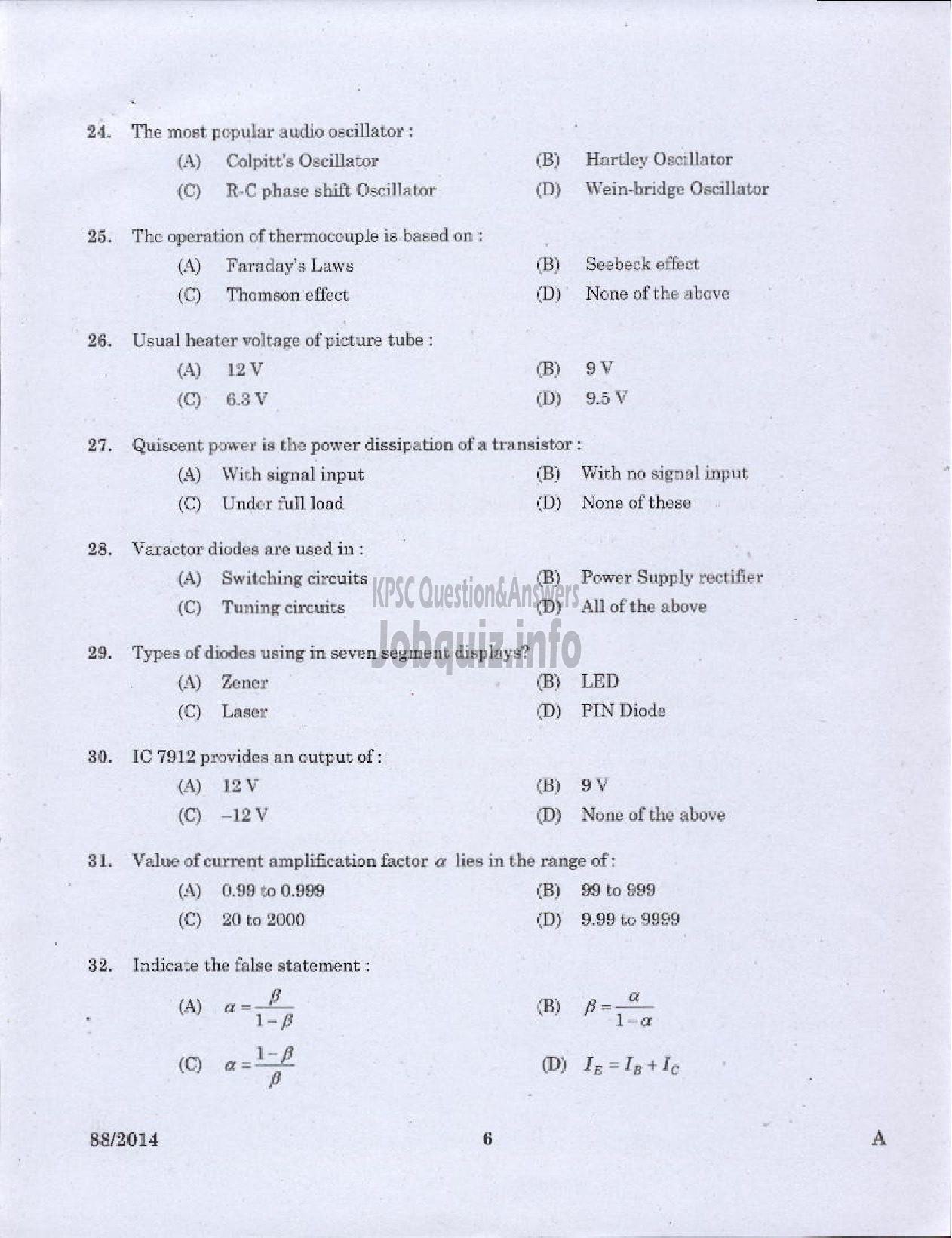 Kerala PSC Question Paper - JUNIOR INSTRUCTOR MECHANICAL CONSUMER ELECTRONICS INDUSTRIAL TRAINING DEPARTMENT-4