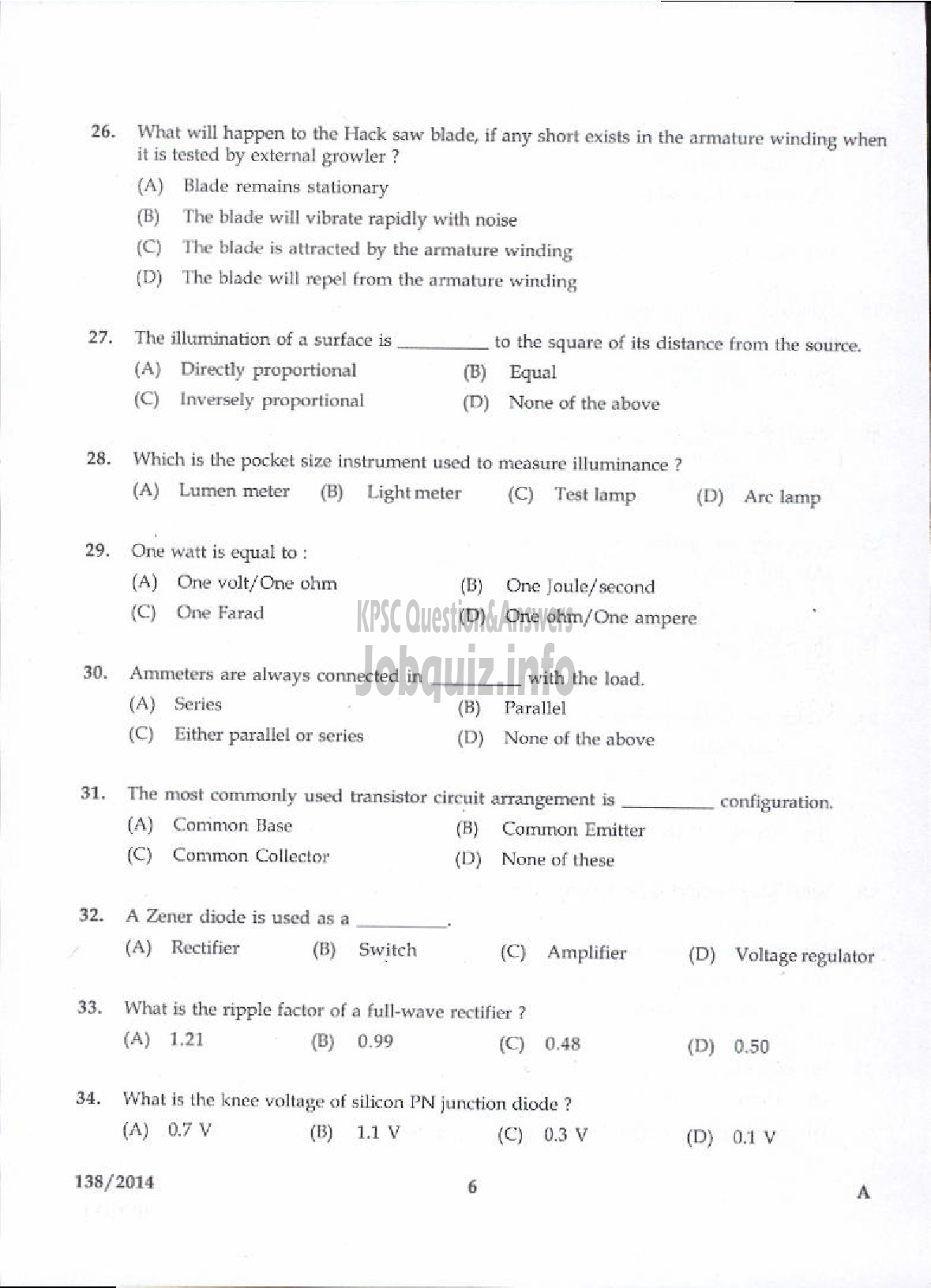 Kerala PSC Question Paper - JUNIOR INSTRUCTOR MECHANIC AUTO ELECTRICAL AND ELECTRONICS INDUSTRIAL TRAINING-4