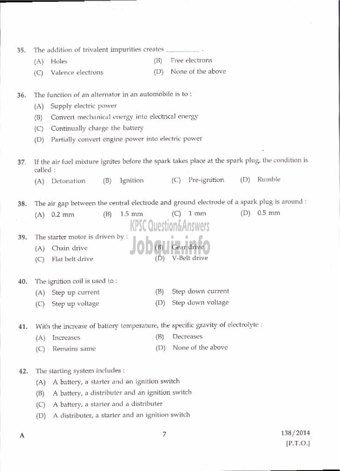 Kerala PSC Question Paper - JUNIOR INSTRUCTOR MECHANIC AUTO ELECTRICAL AND ELECTRONICS INDUSTRIAL TRAINING-5